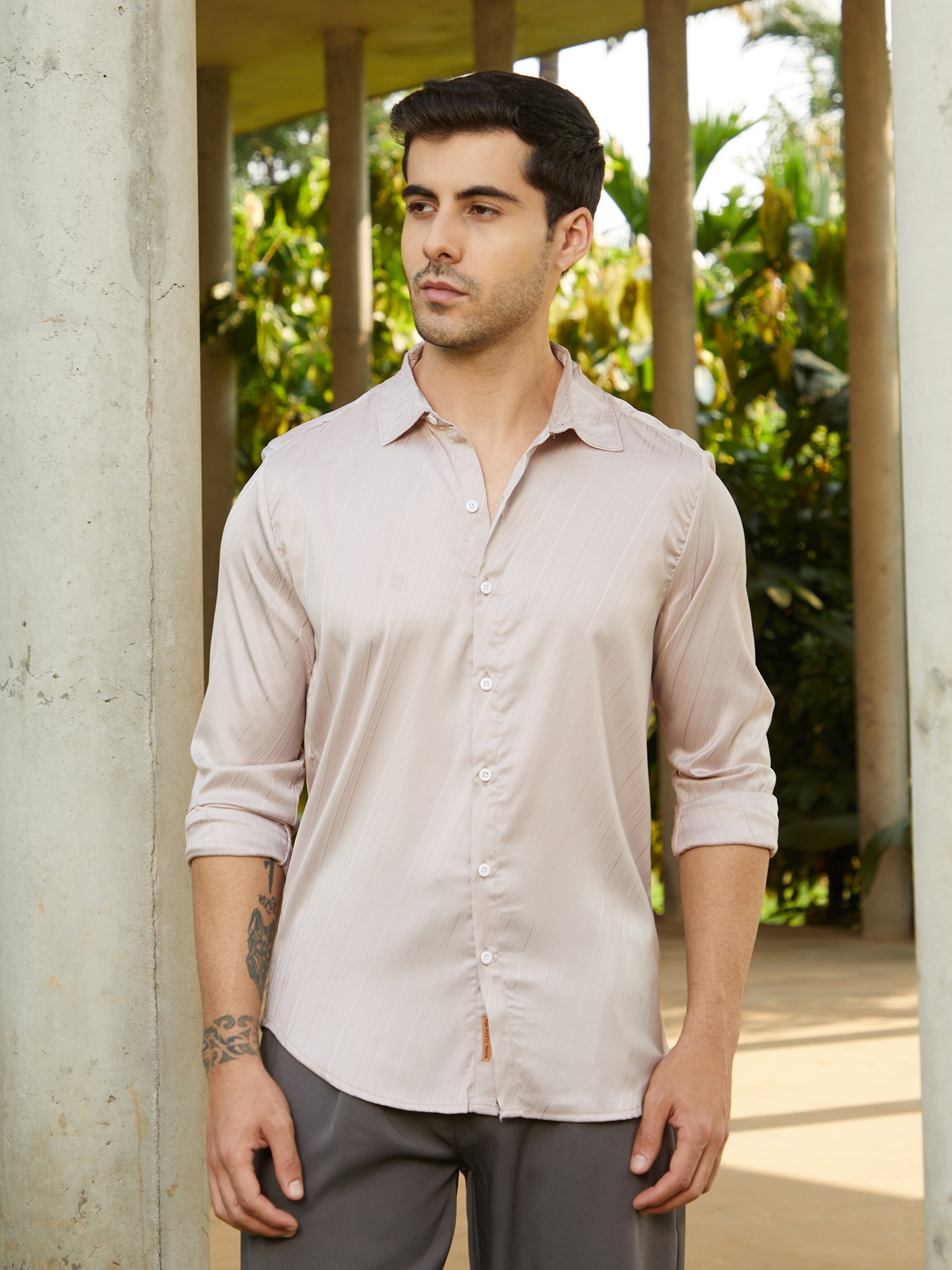 Men Beige Textured Buttoned Shirt