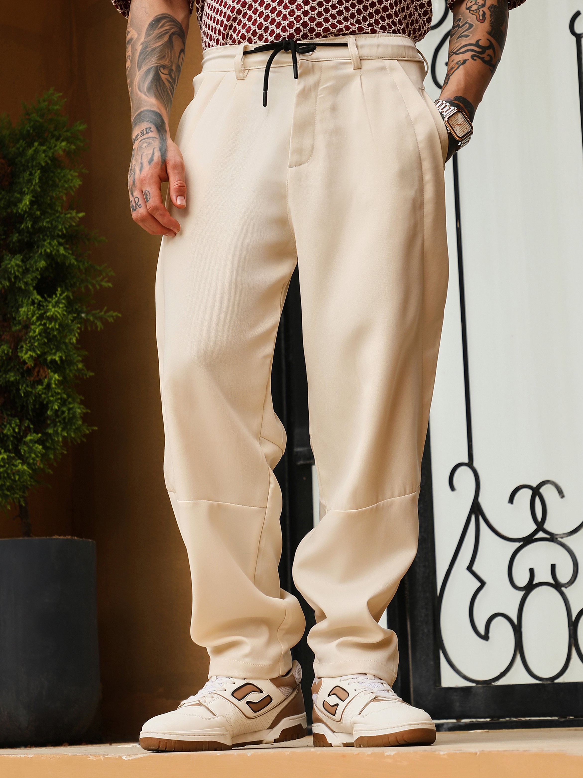 Men Cream White Twill-Panelled Chino Trousers