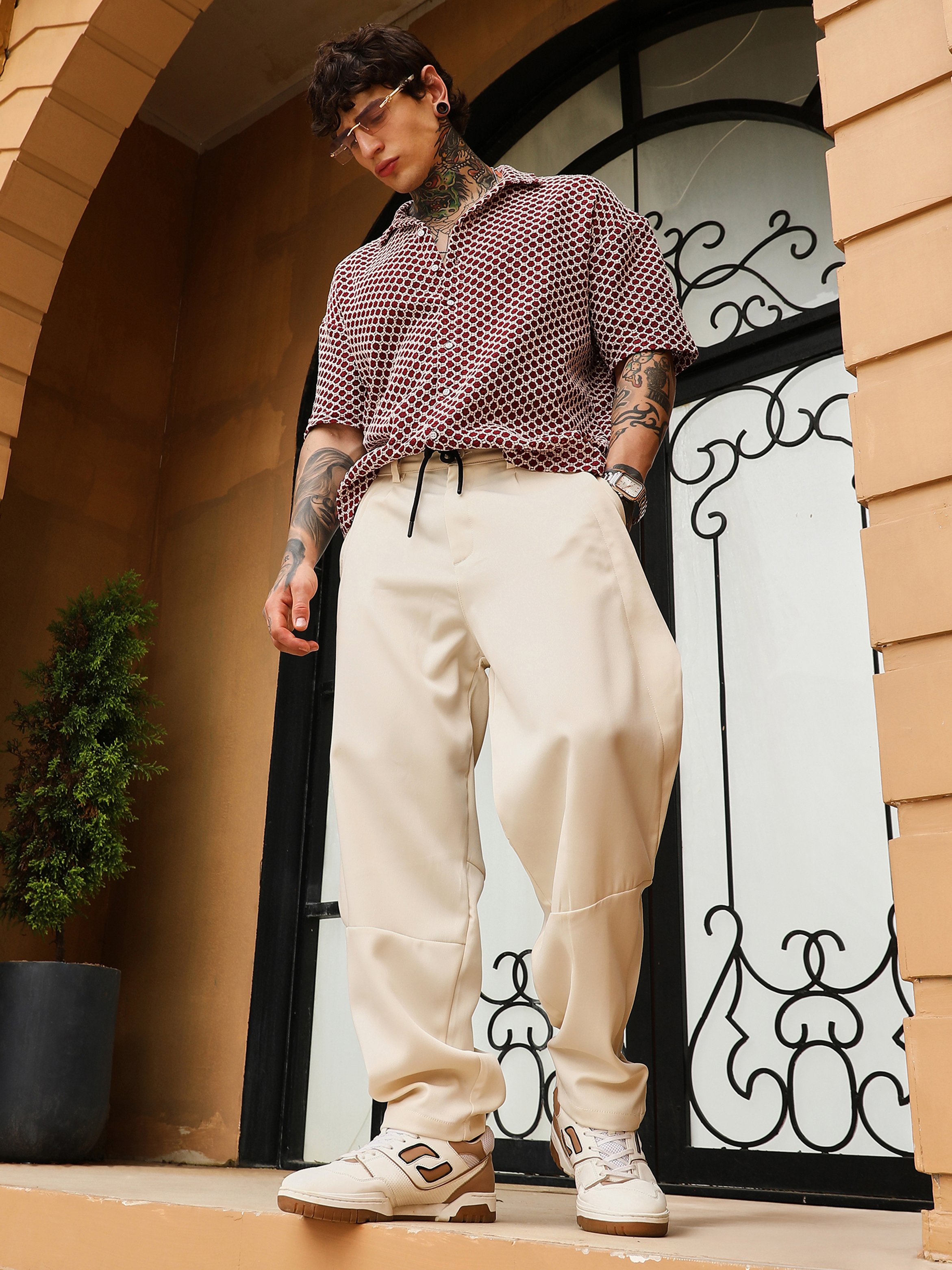 Men Cream White Twill-Panelled Chino Trousers
