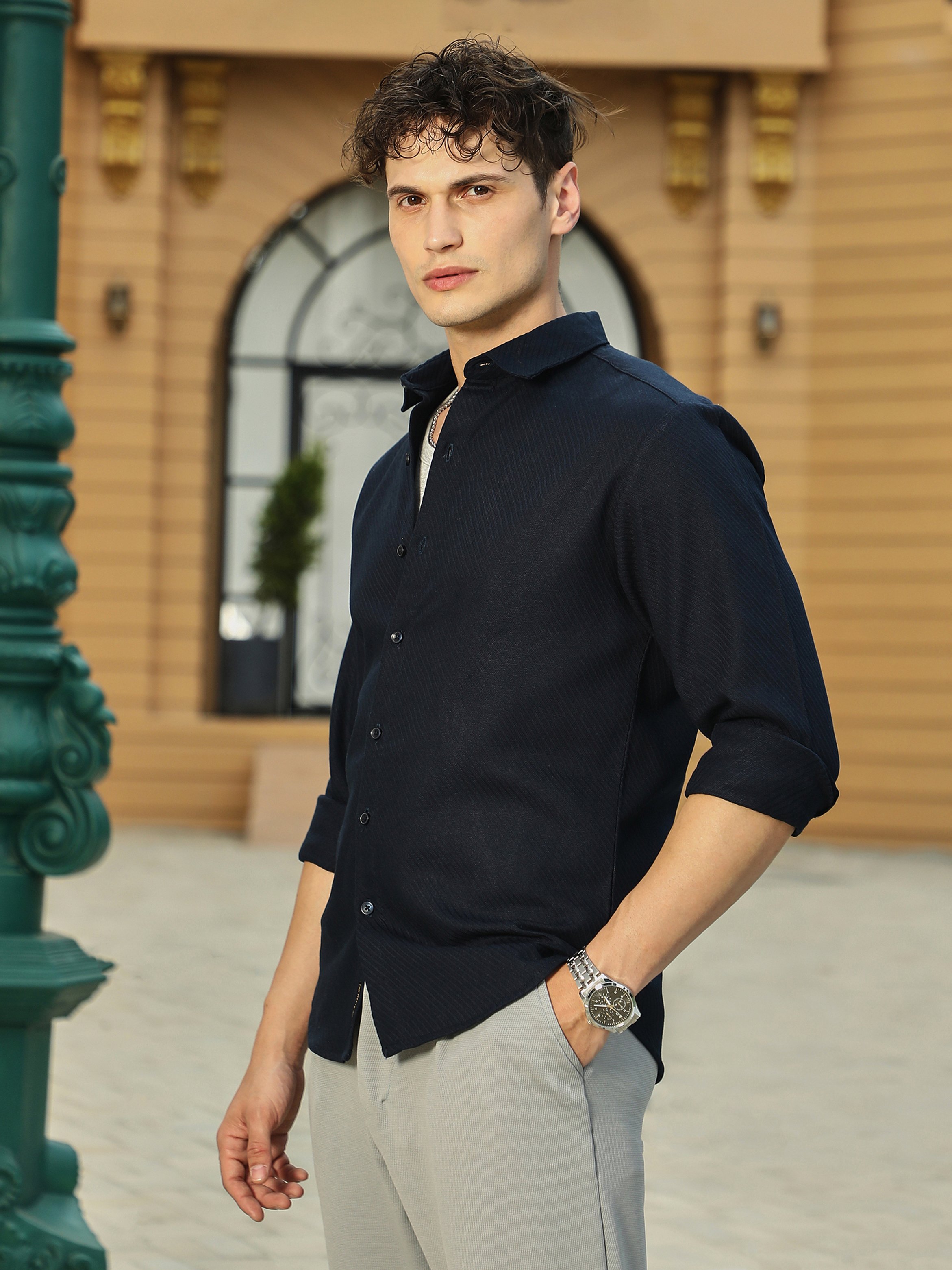 Men Navy Blue Textured Regular Shirt