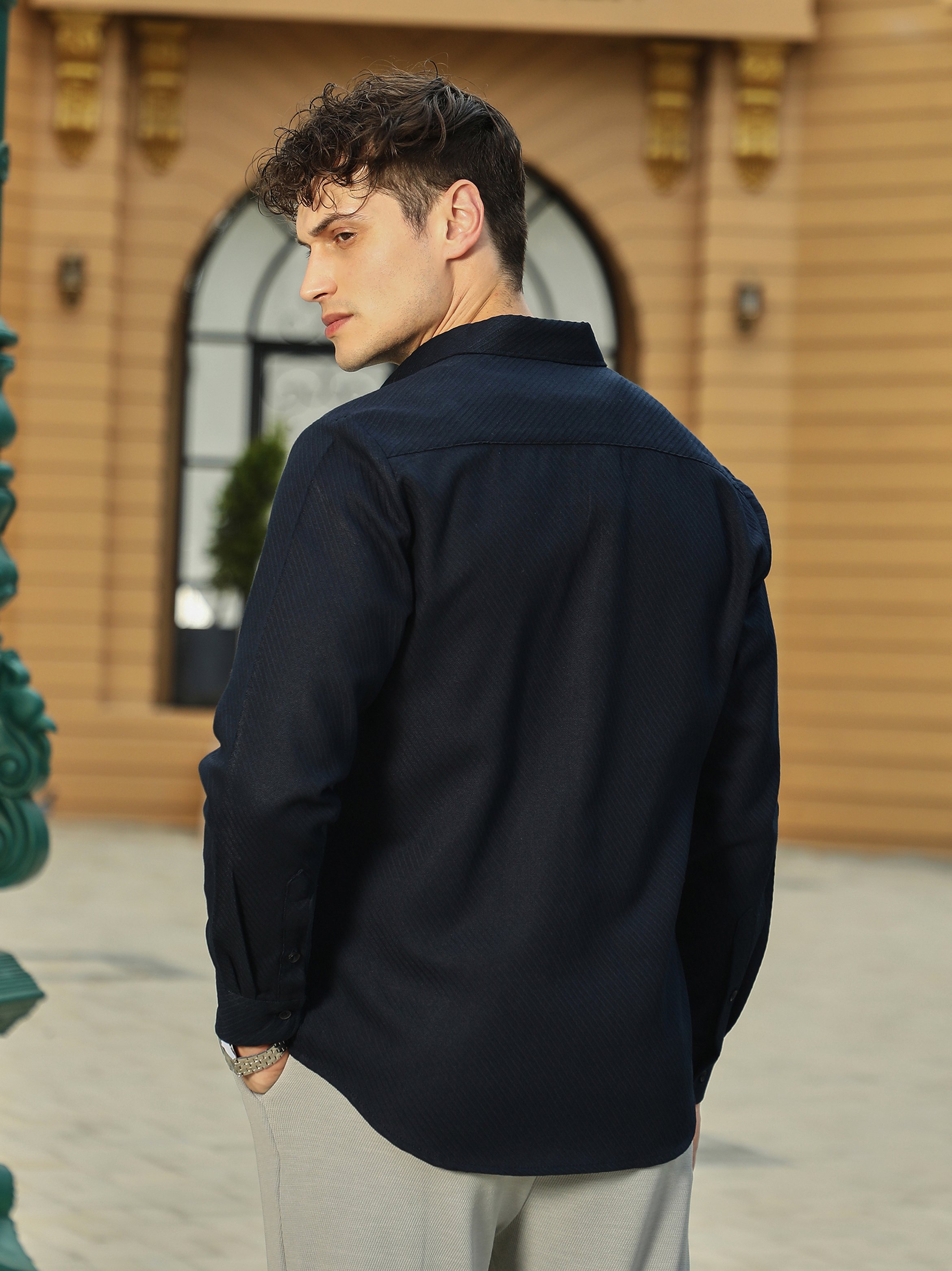 Men Navy Blue Textured Regular Shirt