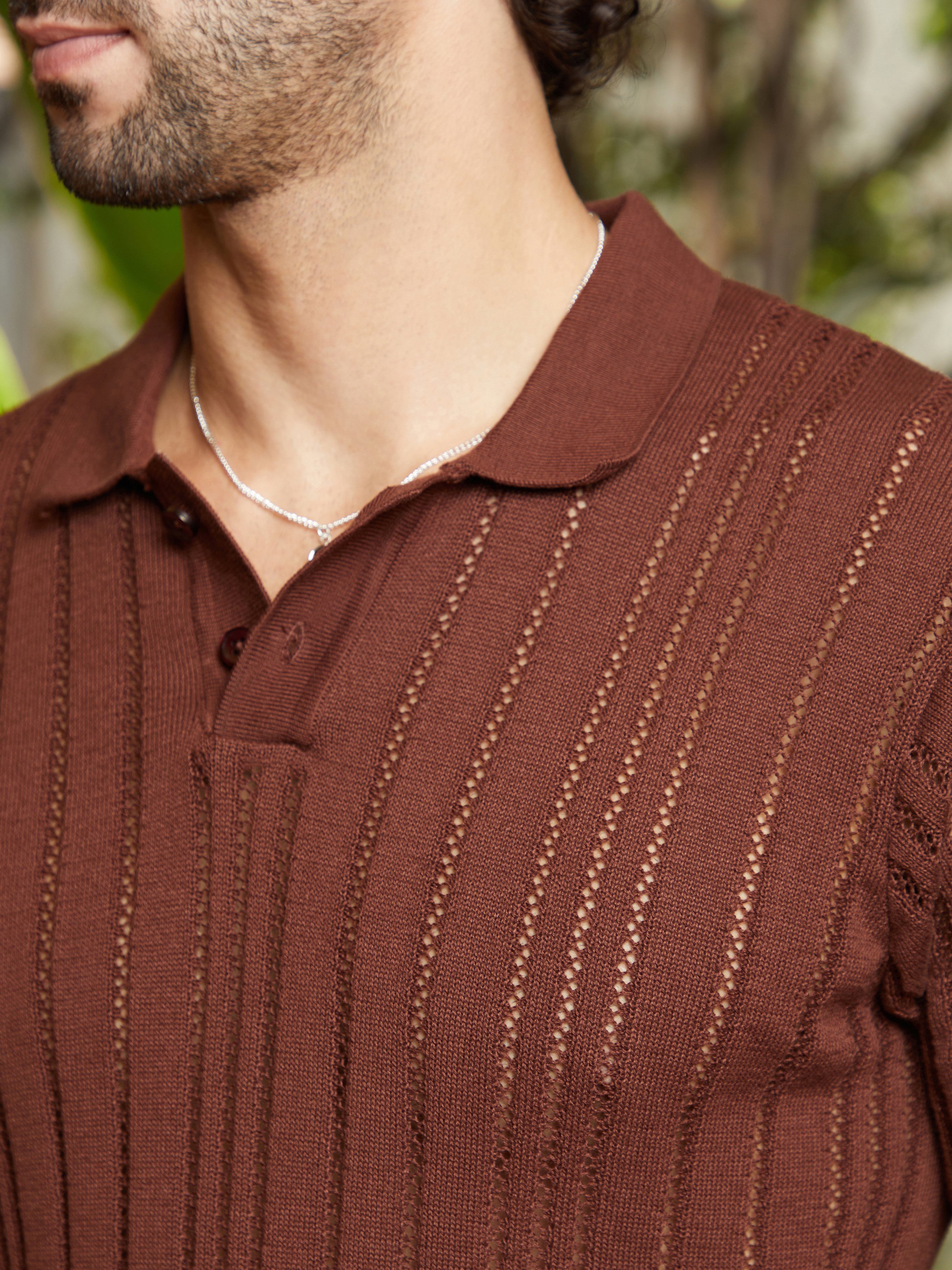 Men Chocolate Brown Stripe-Textured Polo