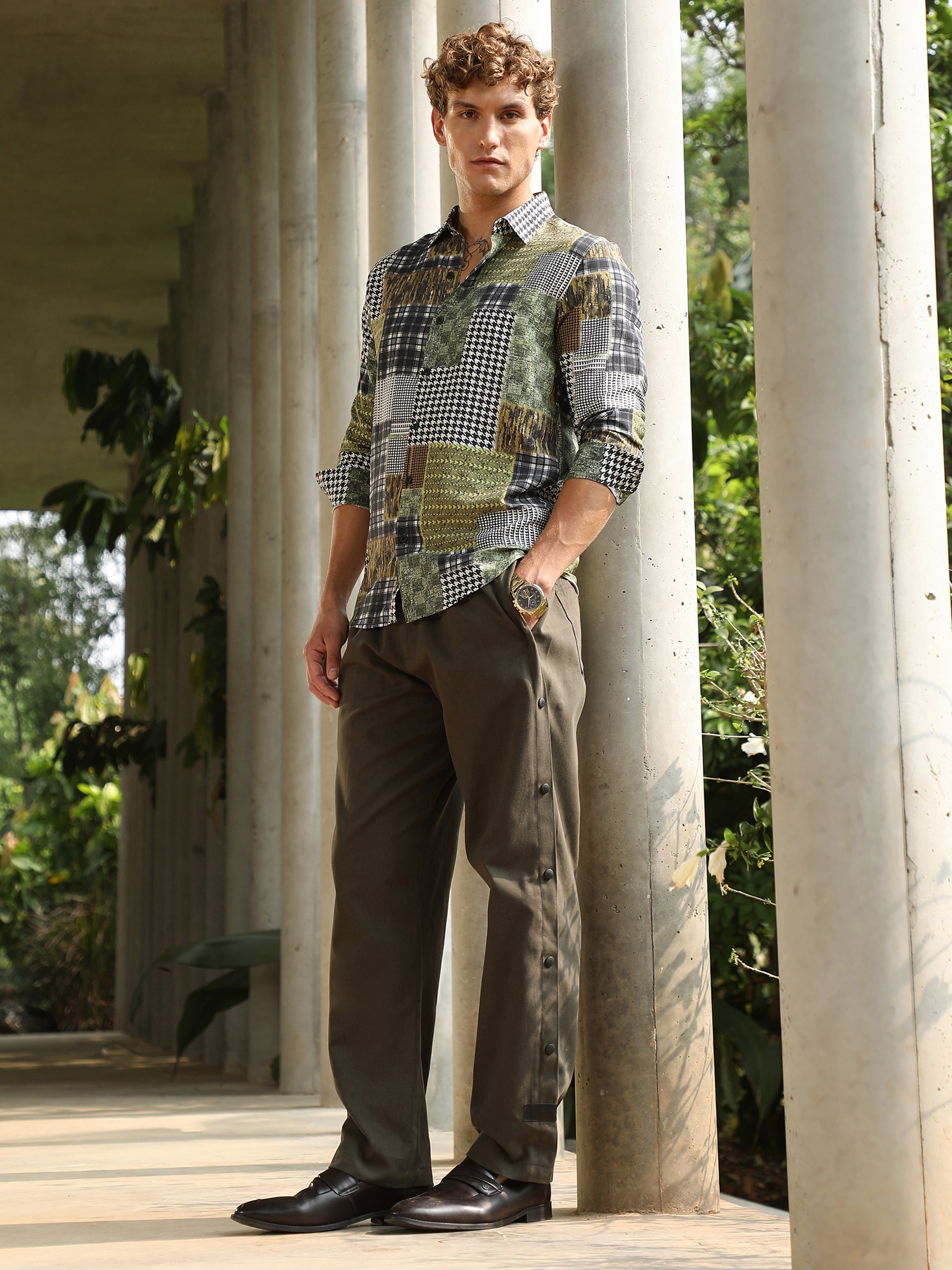 Men Army Green Side-Snap Straight Trousers