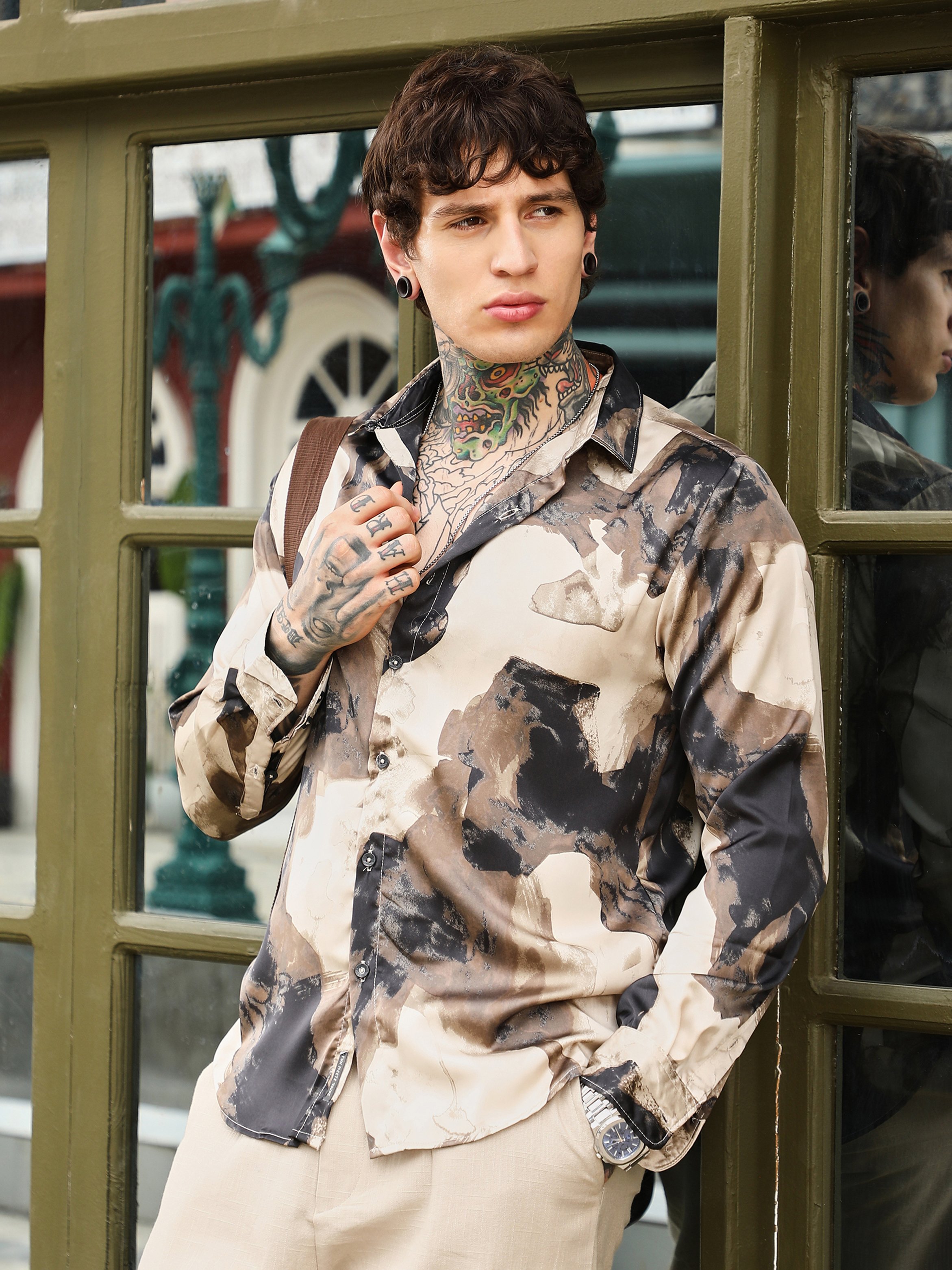 Men Beige Abstract-Print Regular Shirt