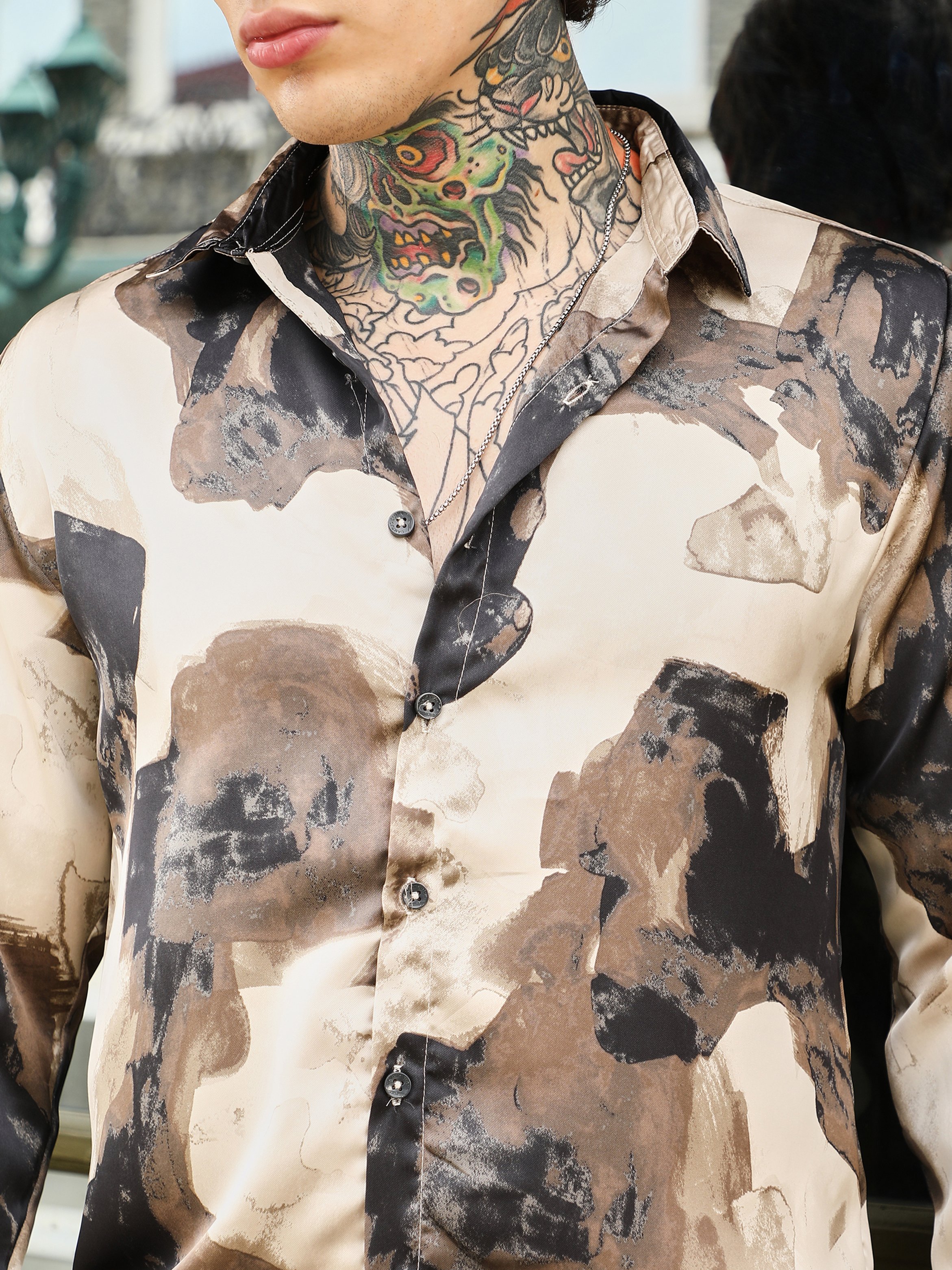 Men Beige Abstract-Print Regular Shirt