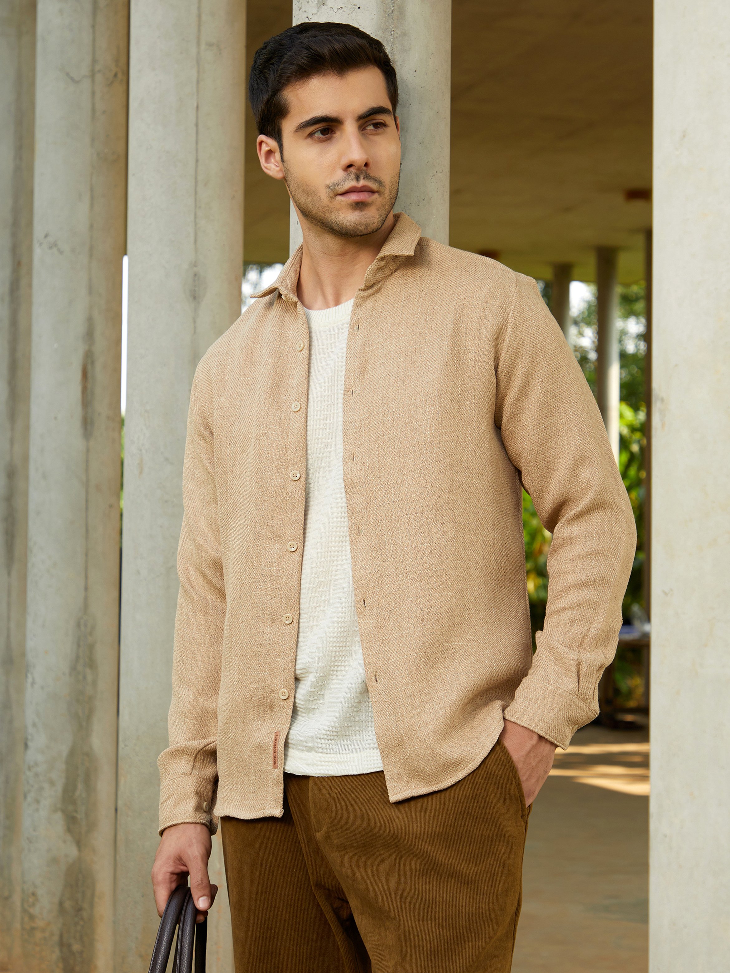 Men Sand Beige Solid Woven Shirt