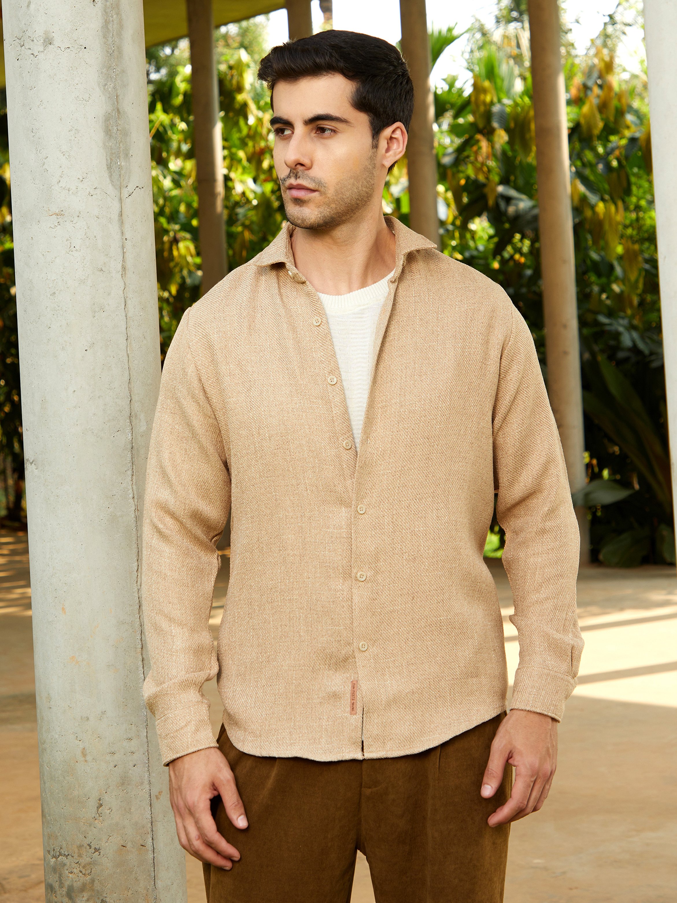 Men Sand Beige Solid Woven Shirt