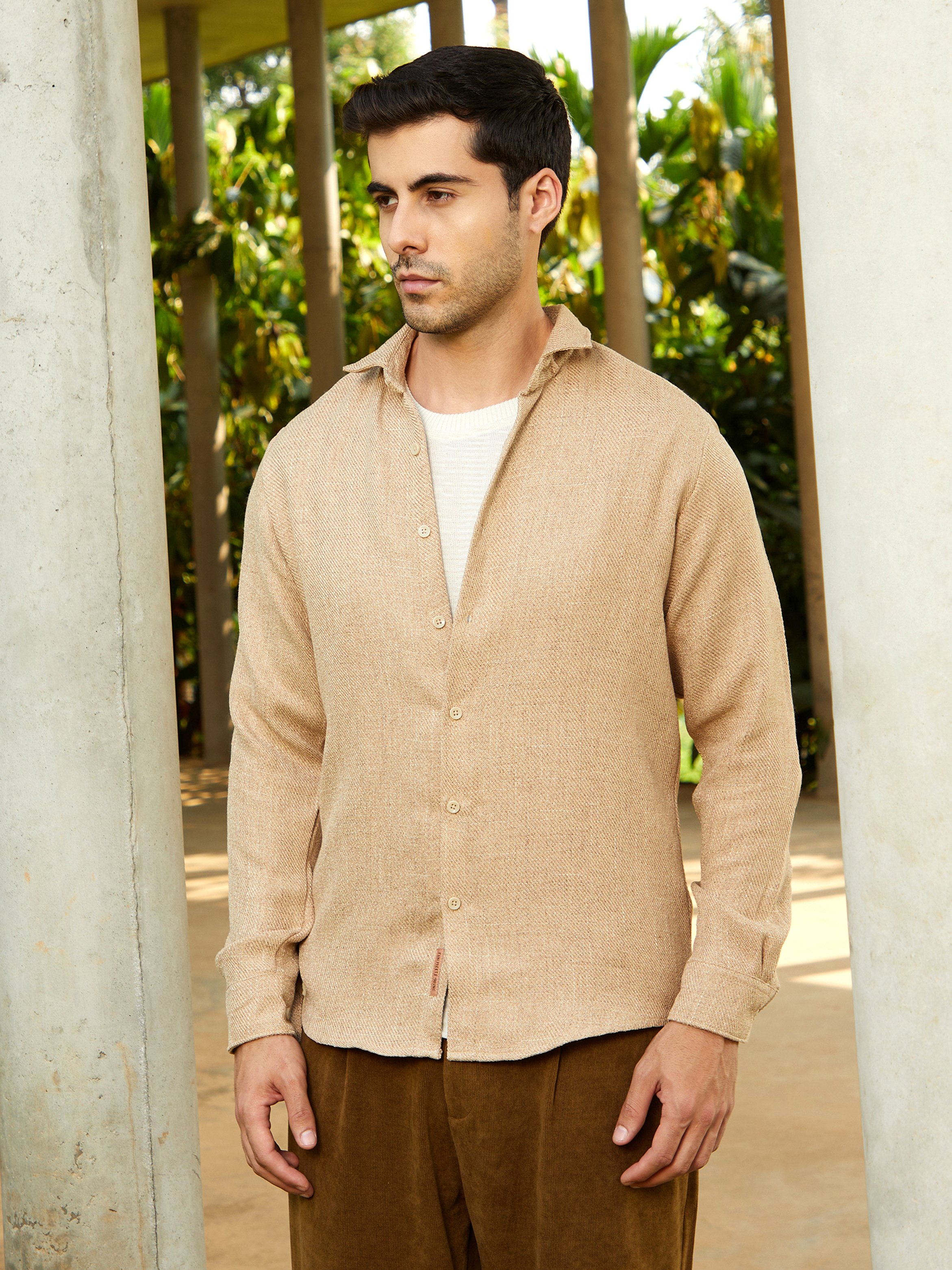 Men Sand Beige Solid Woven Shirt