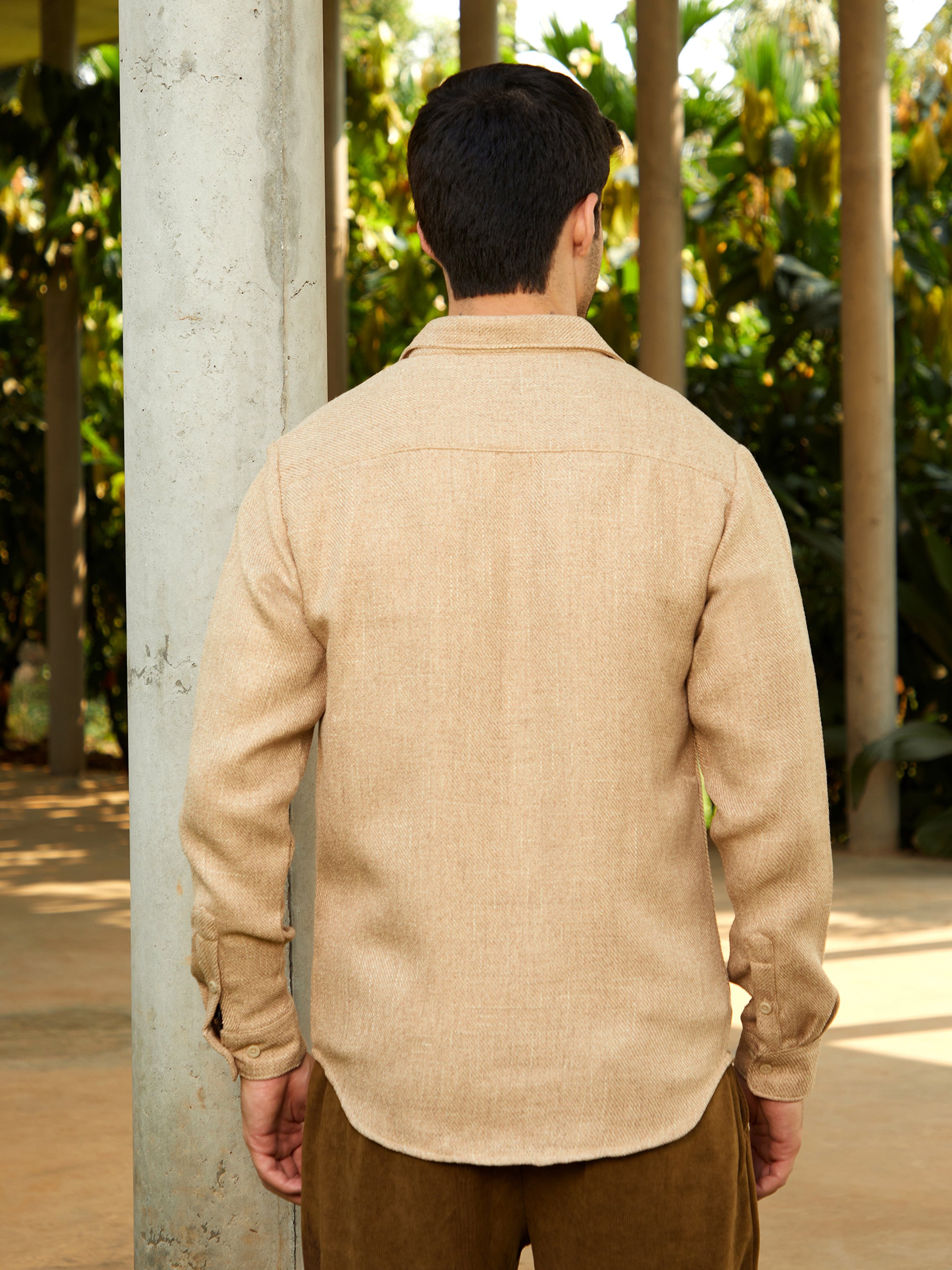 Men Sand Beige Solid Woven Shirt