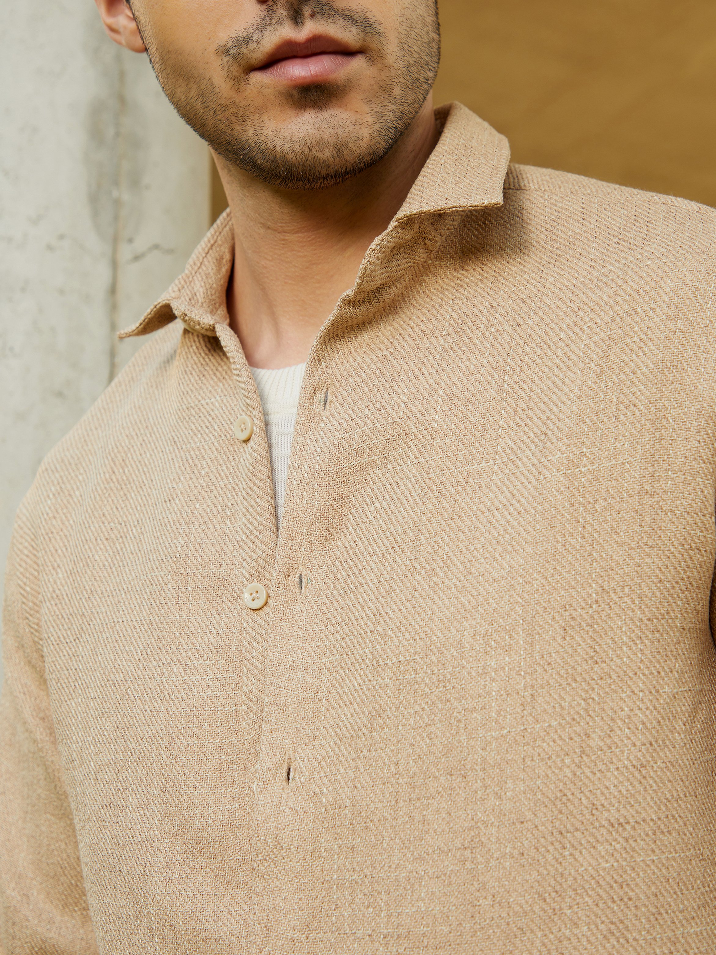 Men Sand Beige Solid Woven Shirt
