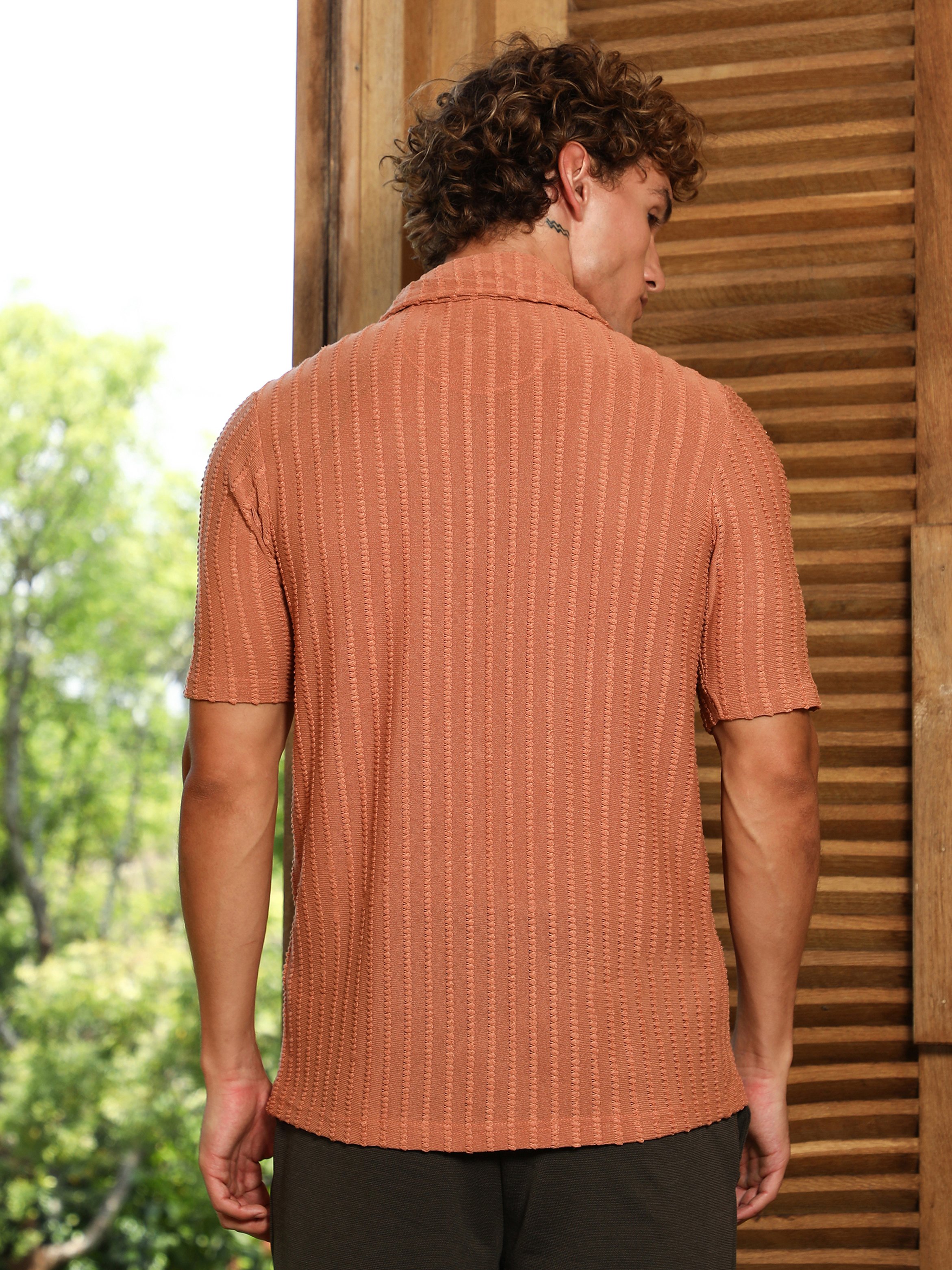 Men Rust Orange Cross-Stitch Stripe Knit Shirt