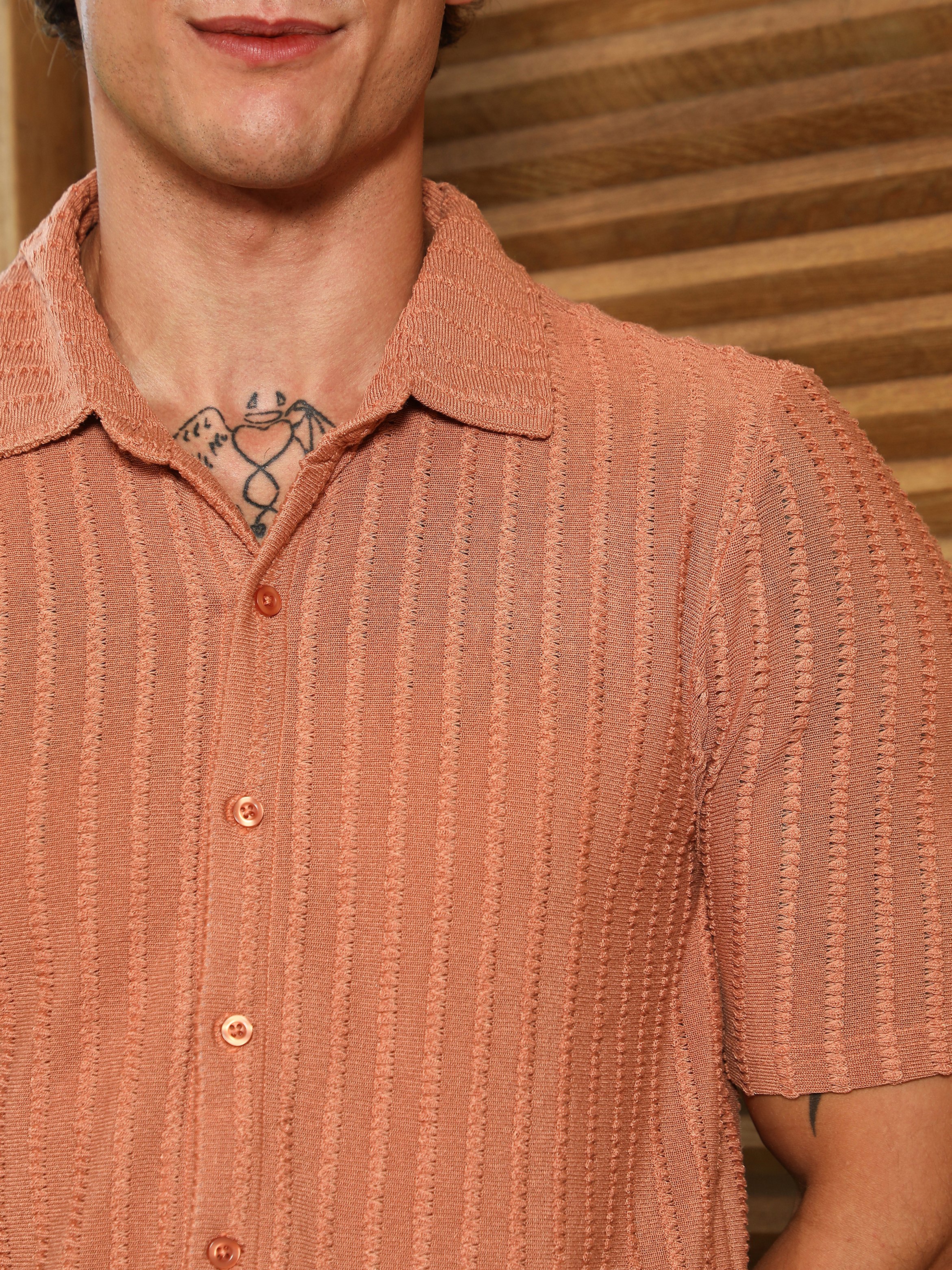 Men Rust Orange Cross-Stitch Stripe Knit Shirt