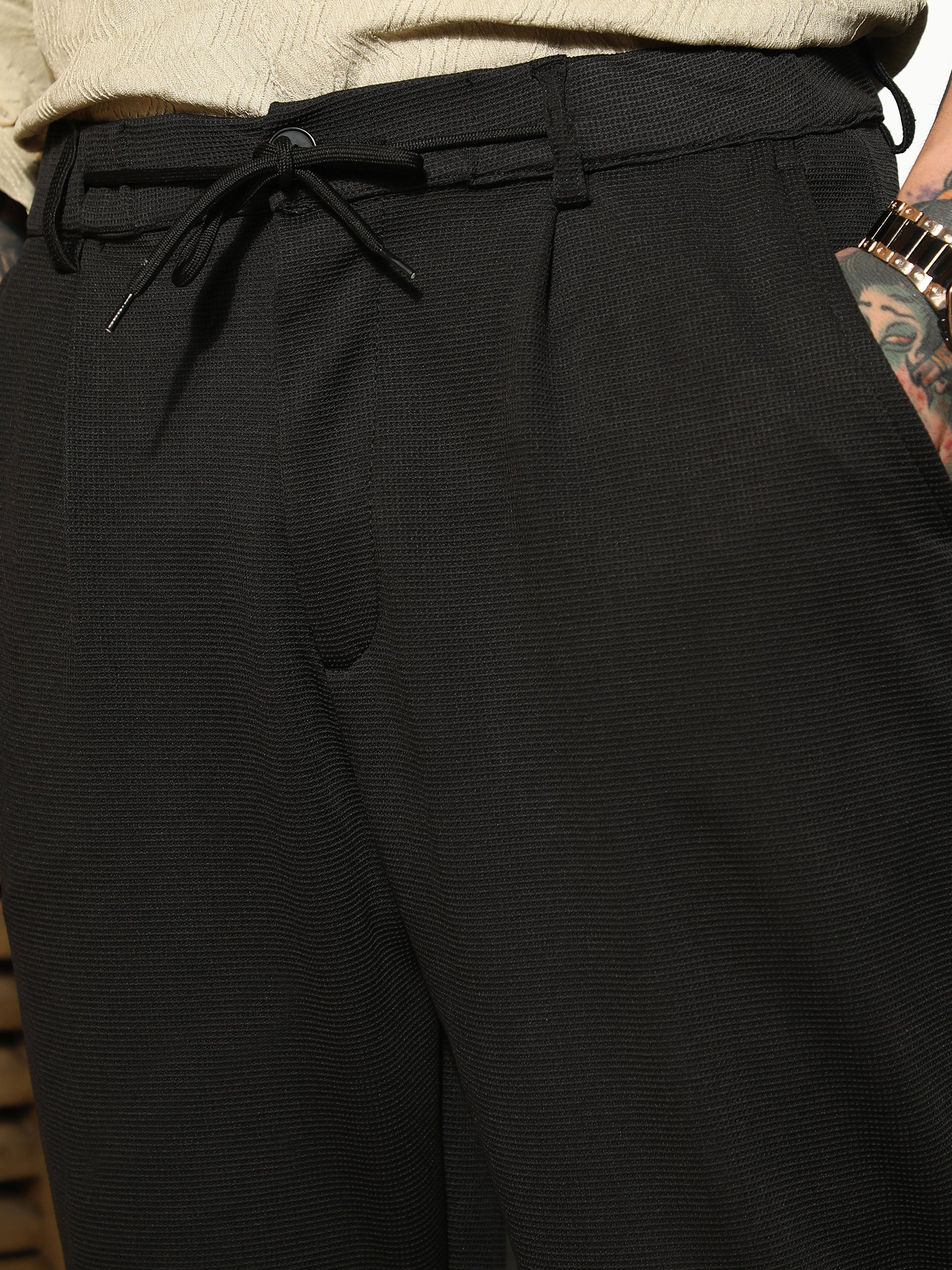 Men Onyx Black Micro-Waffle Straight Trousers