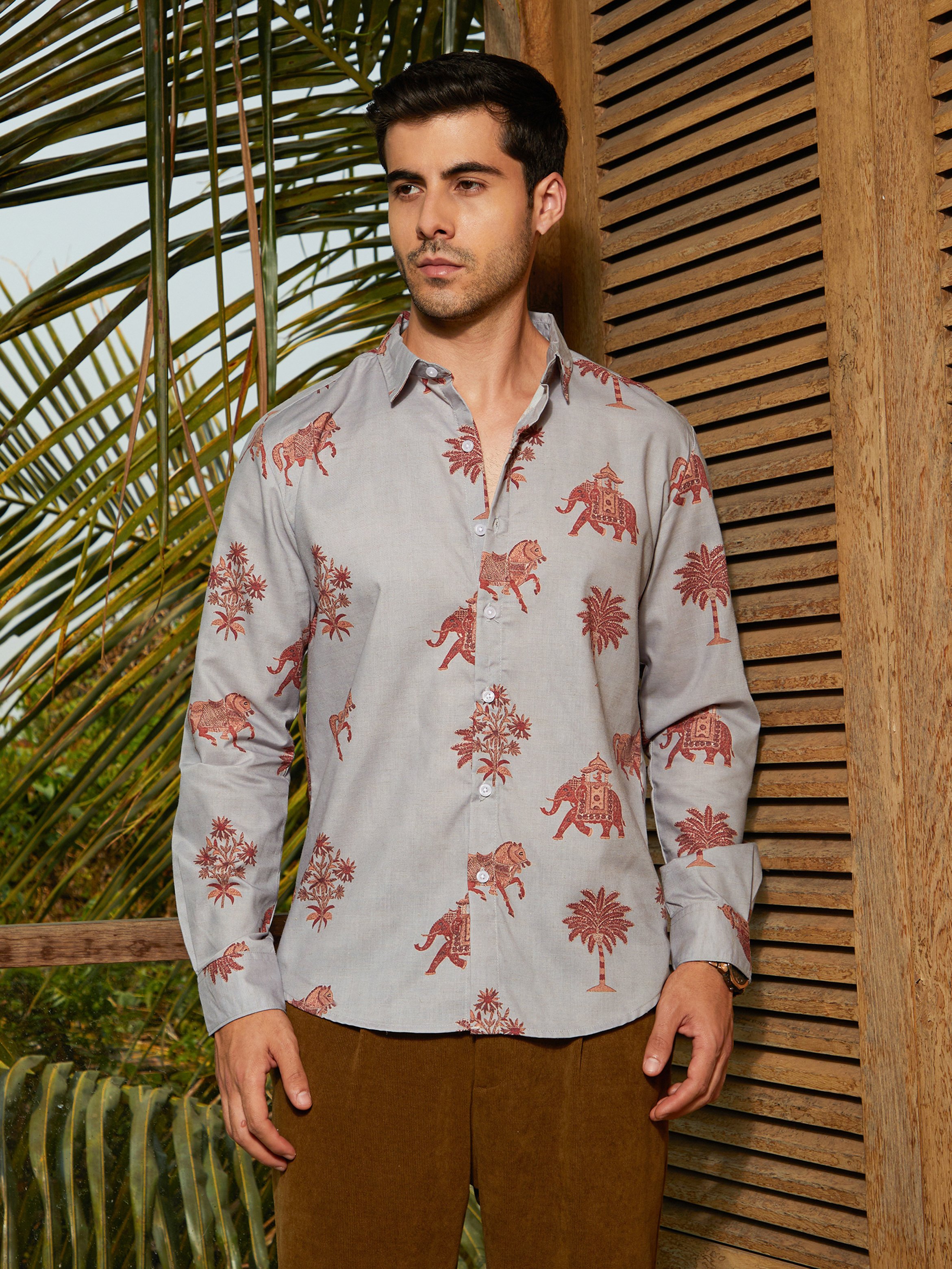 Men Elephant and Palm Tree Print Regular Shirt