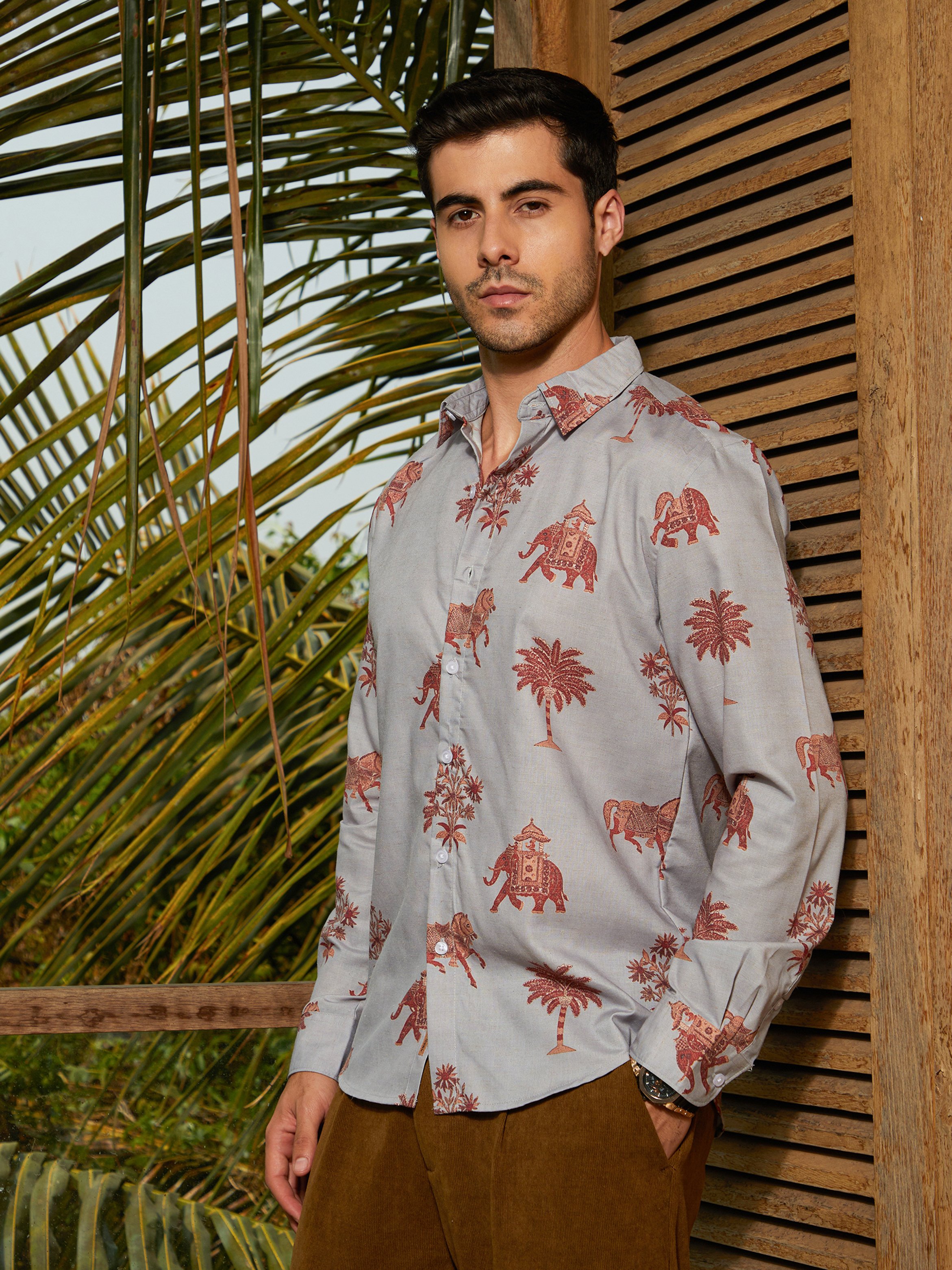 Men Elephant and Palm Tree Print Regular Shirt