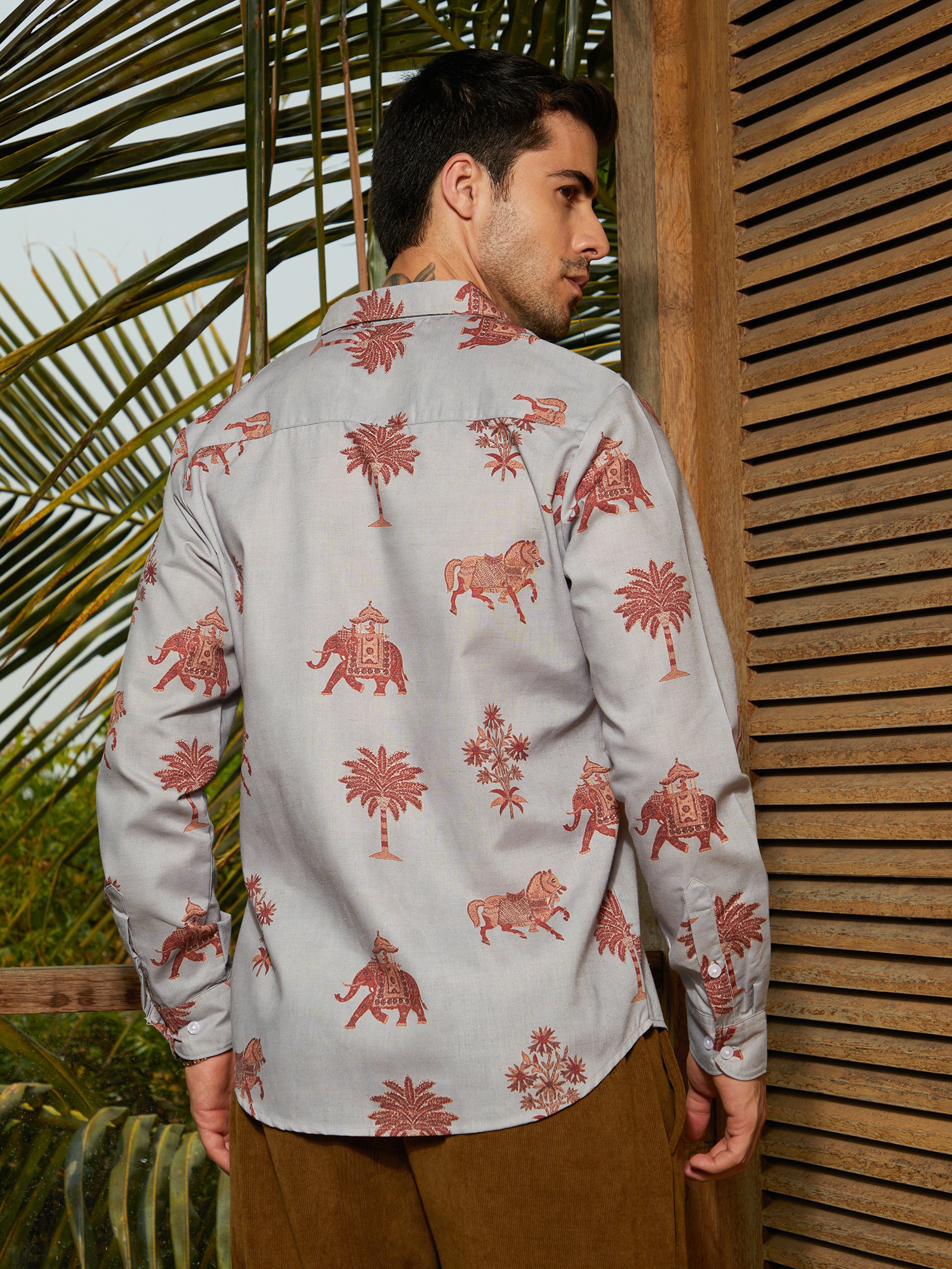 Men Elephant and Palm Tree Print Regular Shirt
