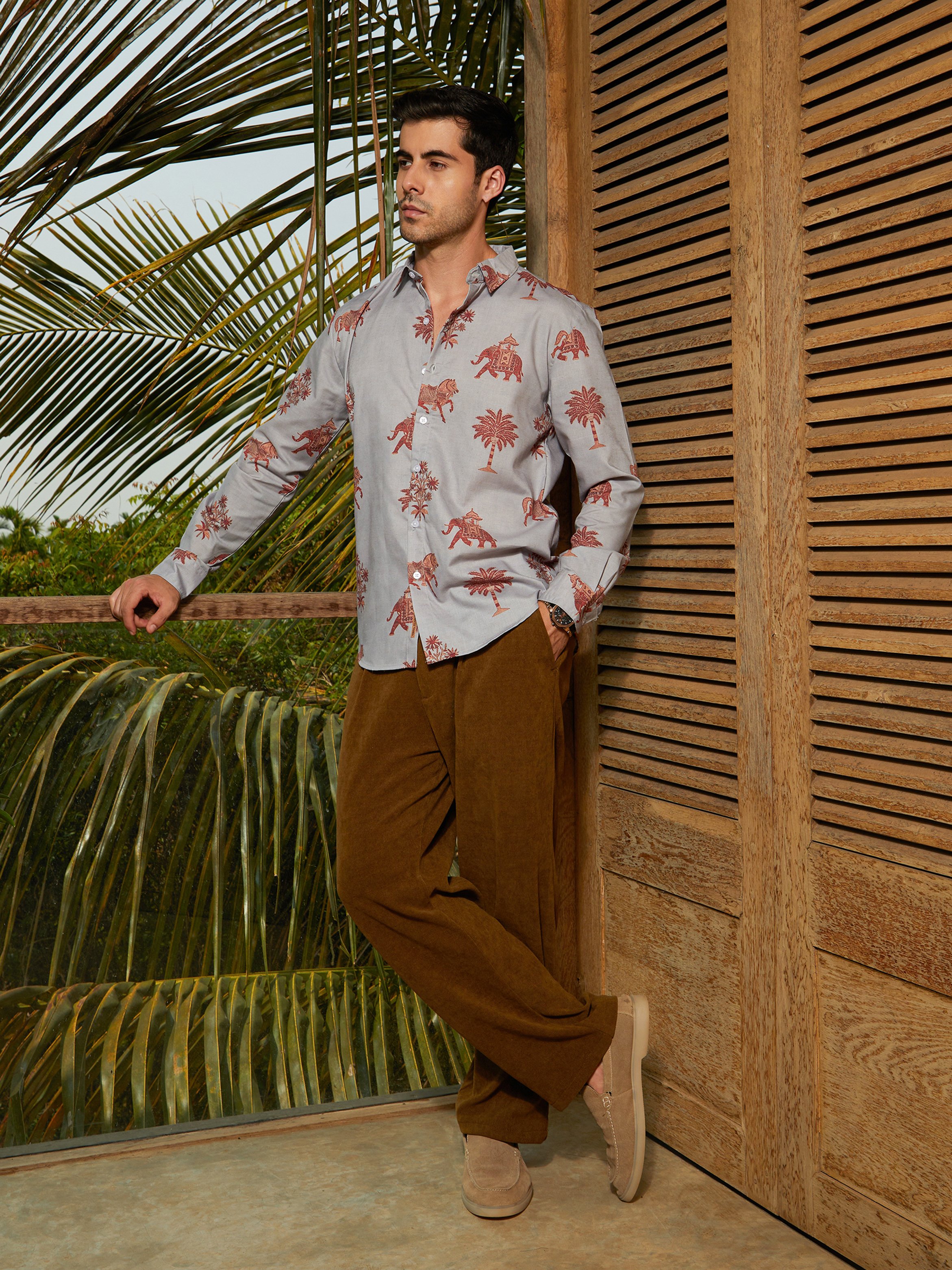 Men Elephant and Palm Tree Print Regular Shirt