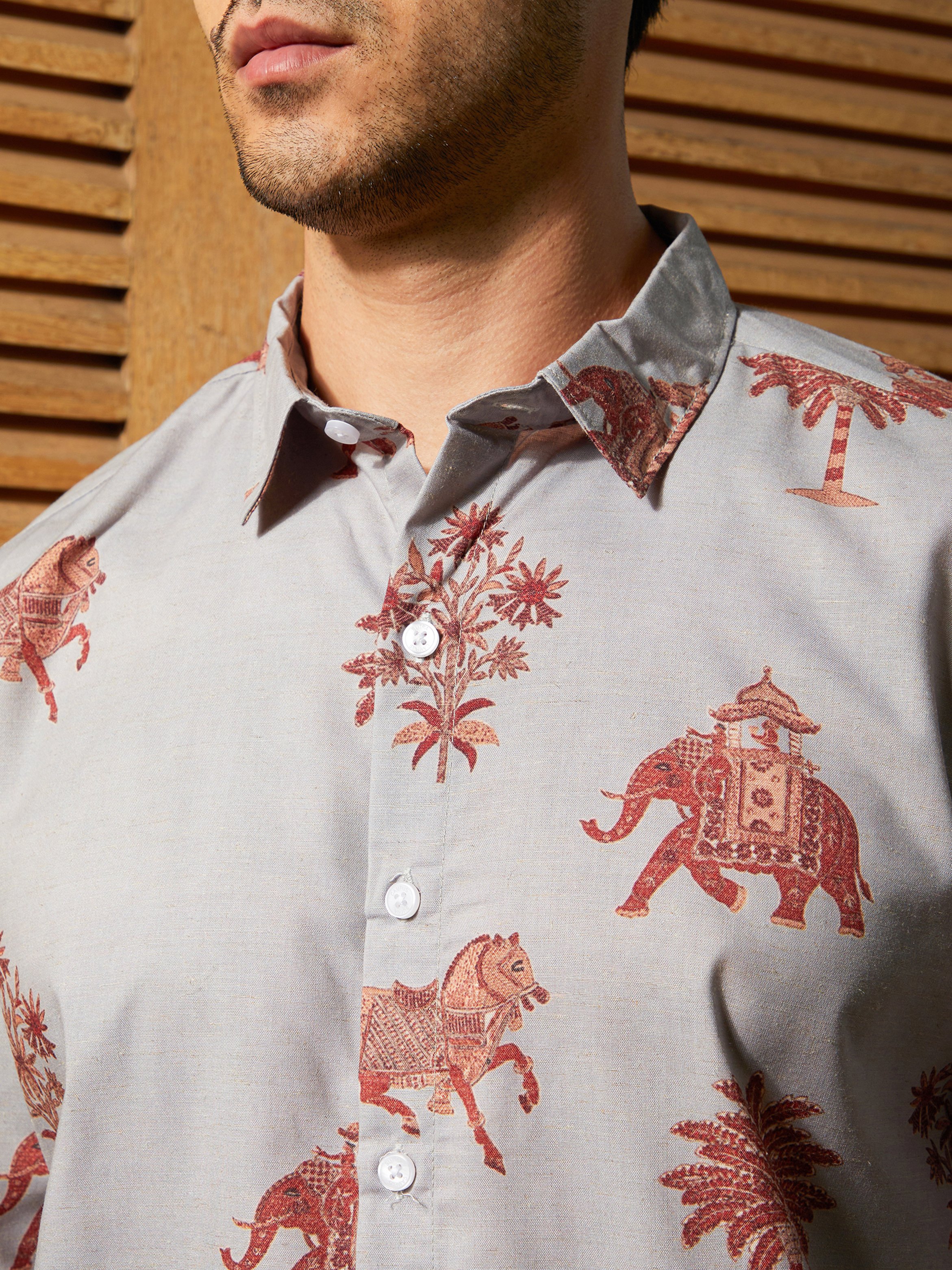 Men Elephant and Palm Tree Print Regular Shirt