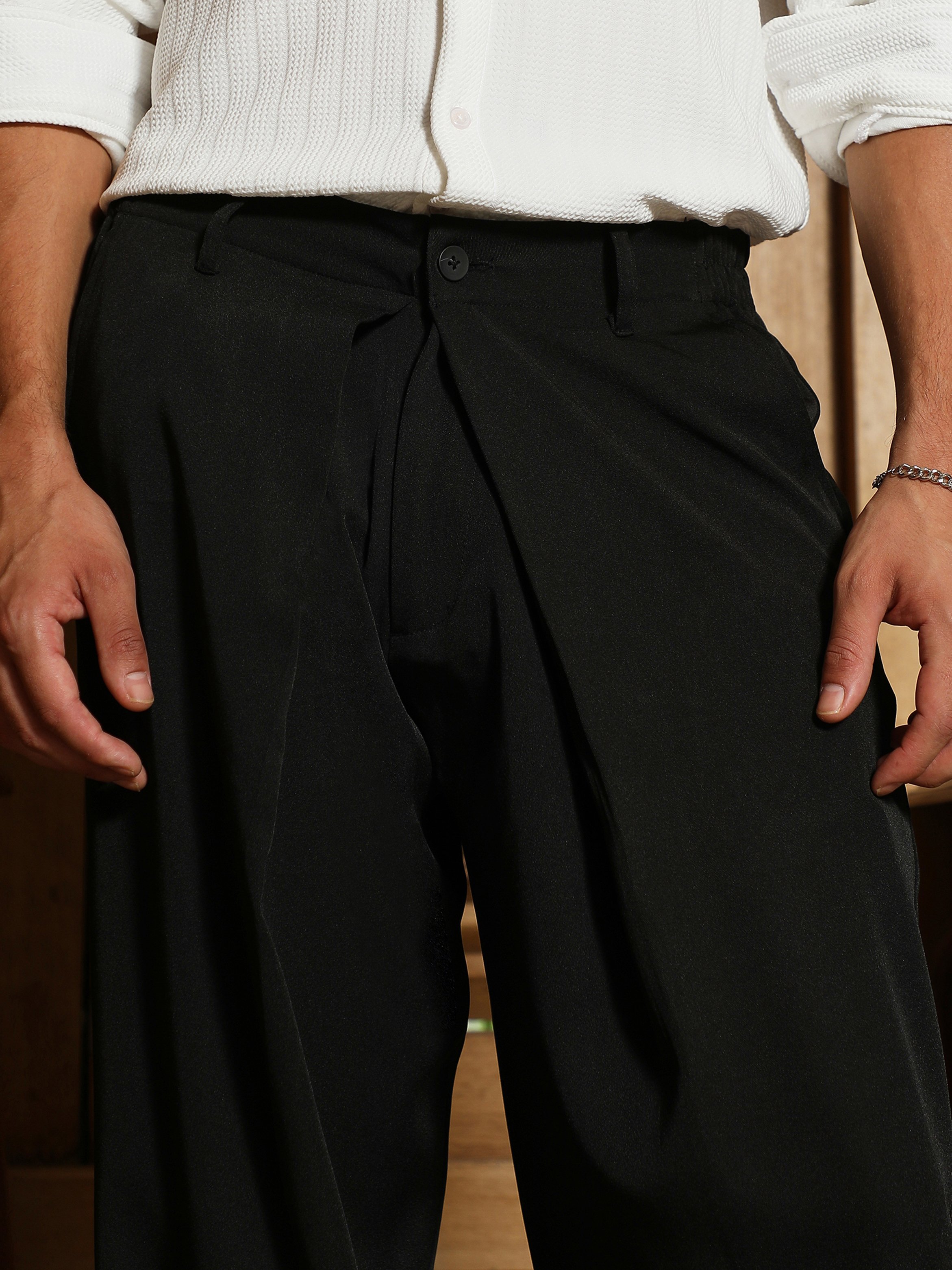 Men Onyx Black Pleat-Fold Korean Trousers