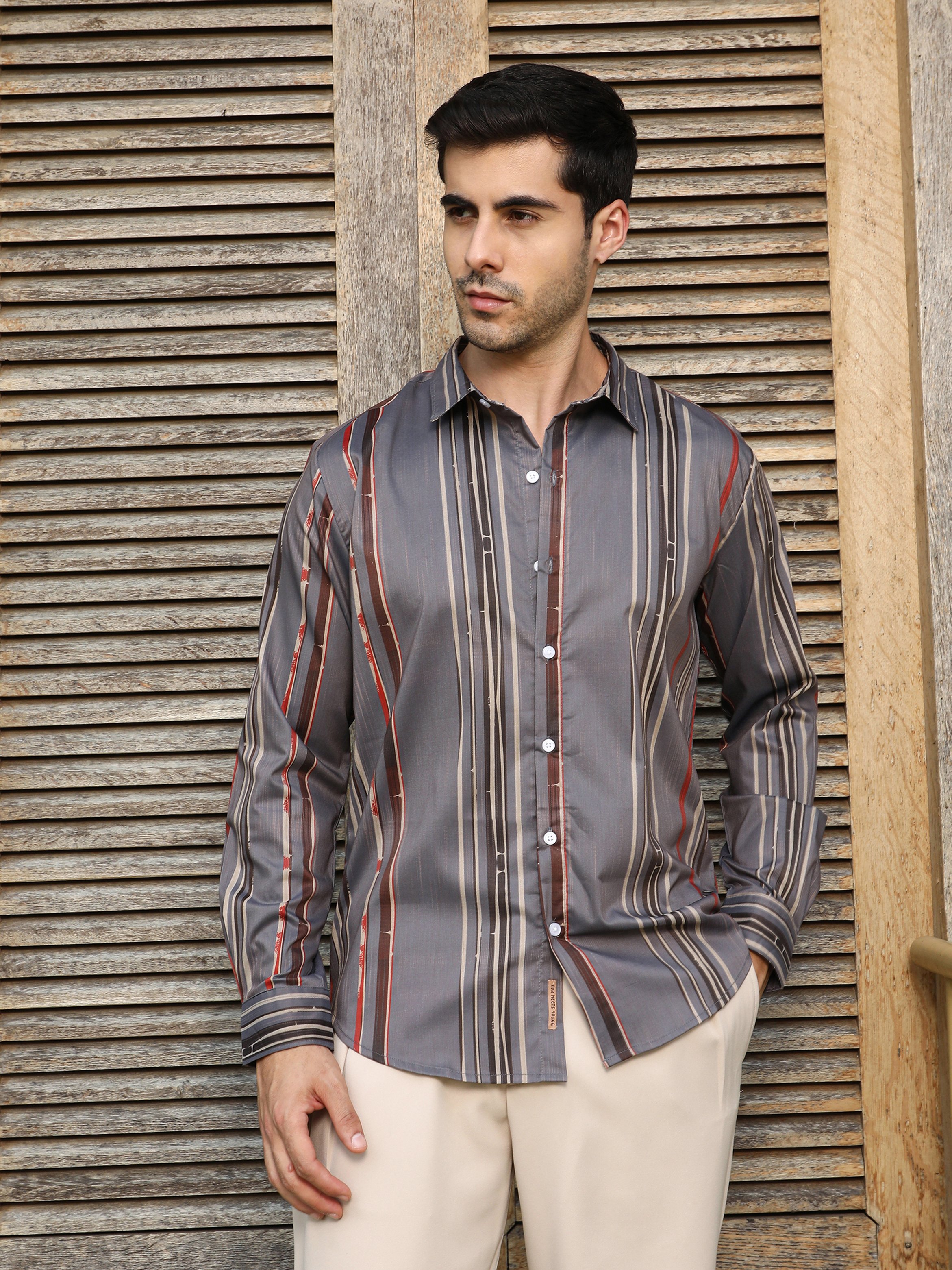 Men Grey Textured-Stripe Shirt
