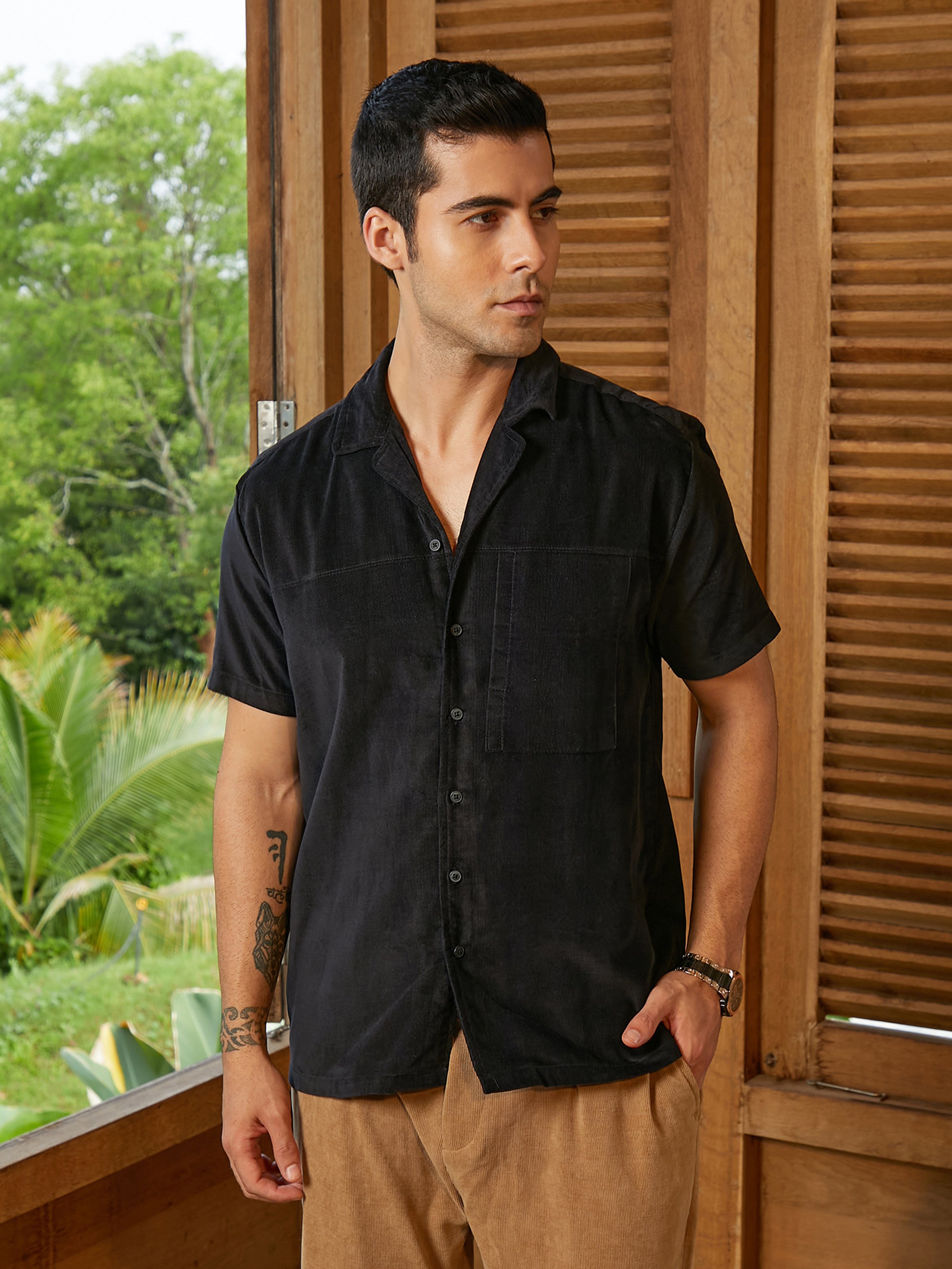 Men Black Cuban Textured Shirt