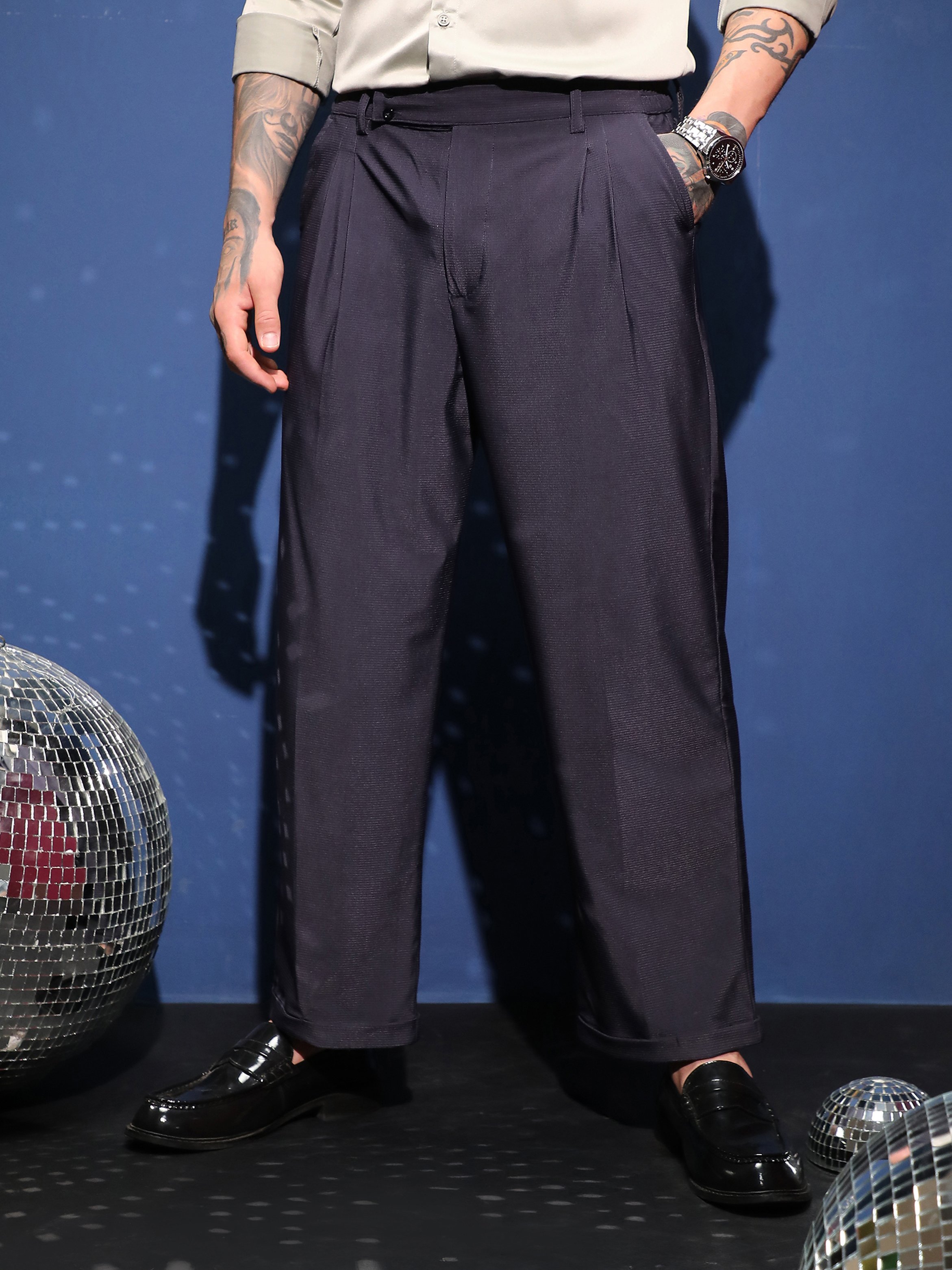 Men Navy Blue Pleat Turn-Up Trousers