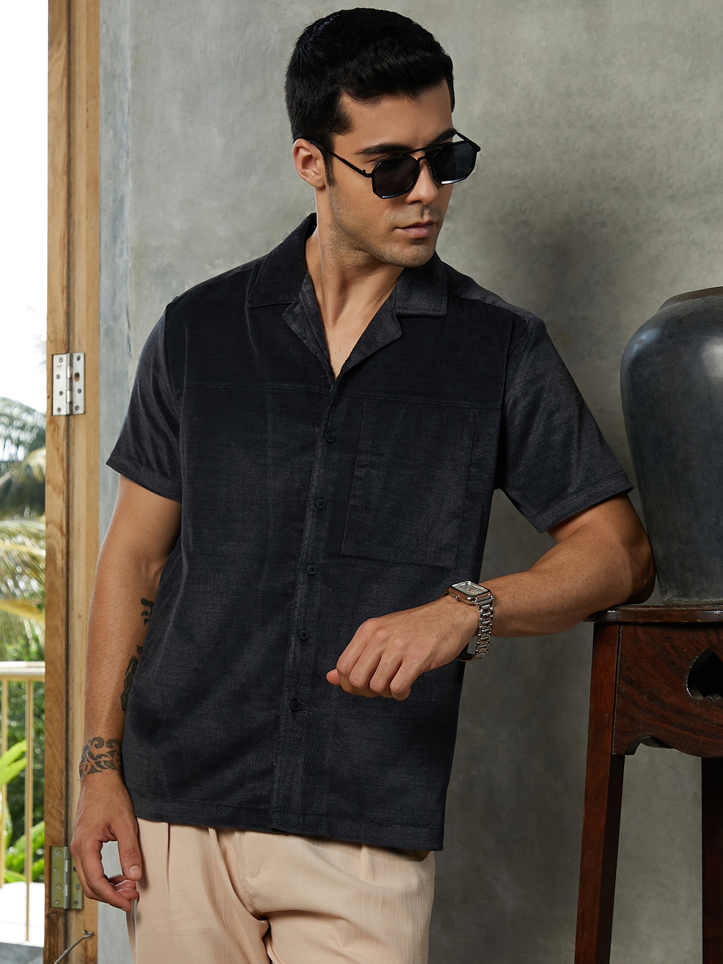Men Charcoal Grey Cuban Spread Collar Shirt