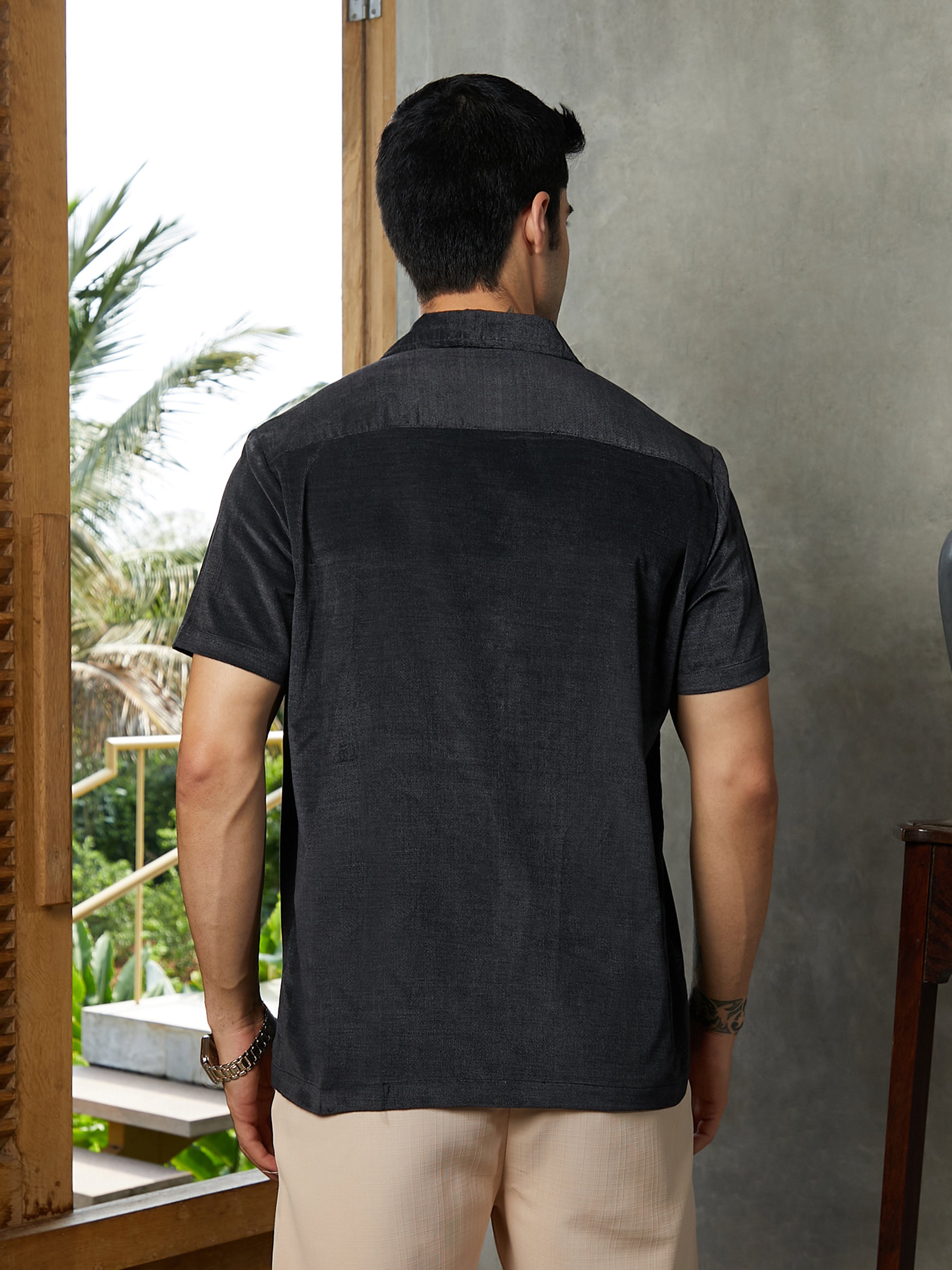 Men Charcoal Grey Cuban Spread Collar Shirt