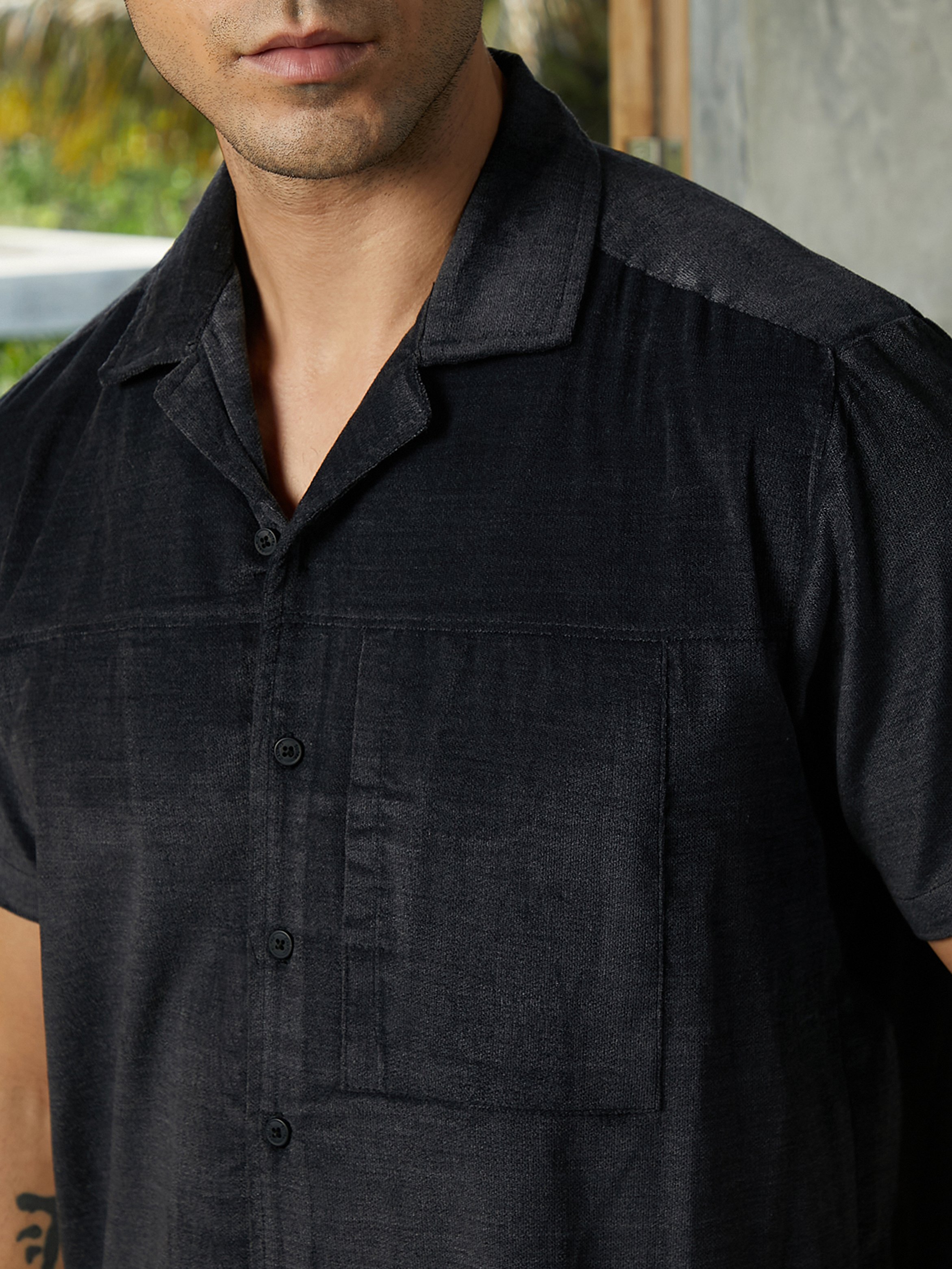 Men Charcoal Grey Cuban Spread Collar Shirt