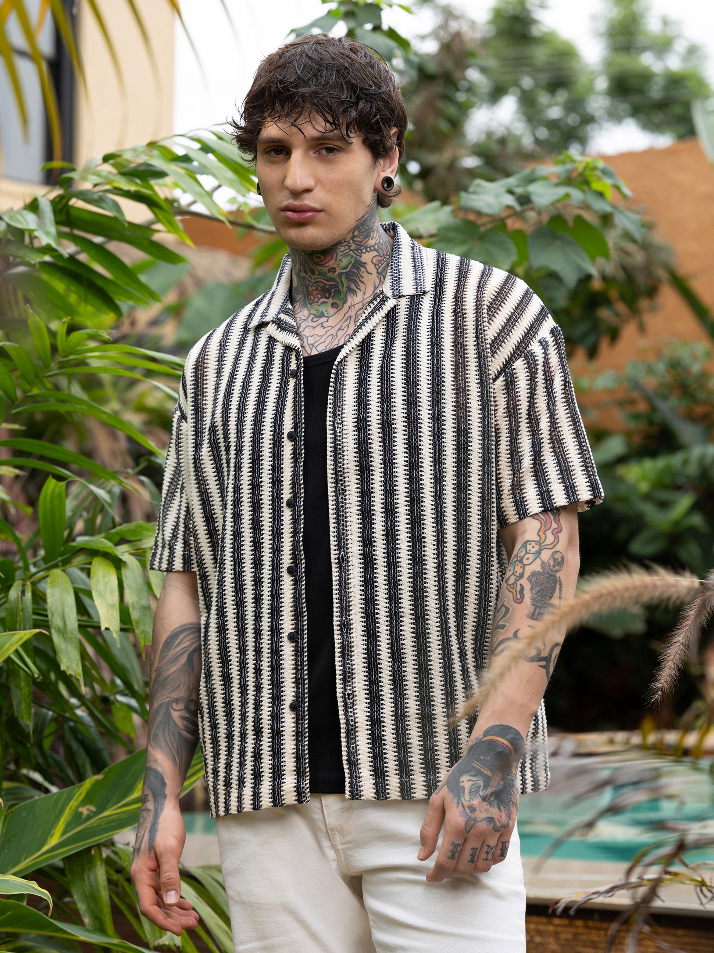 Men Striped Crochet Oversized Shirt