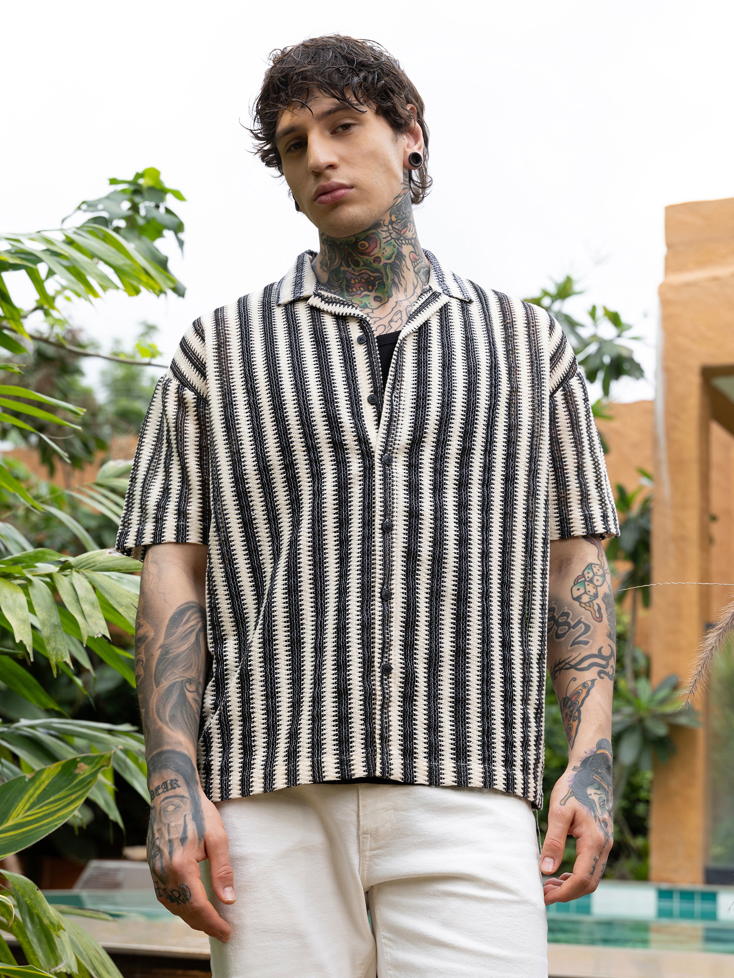 Men Striped Crochet Oversized Shirt