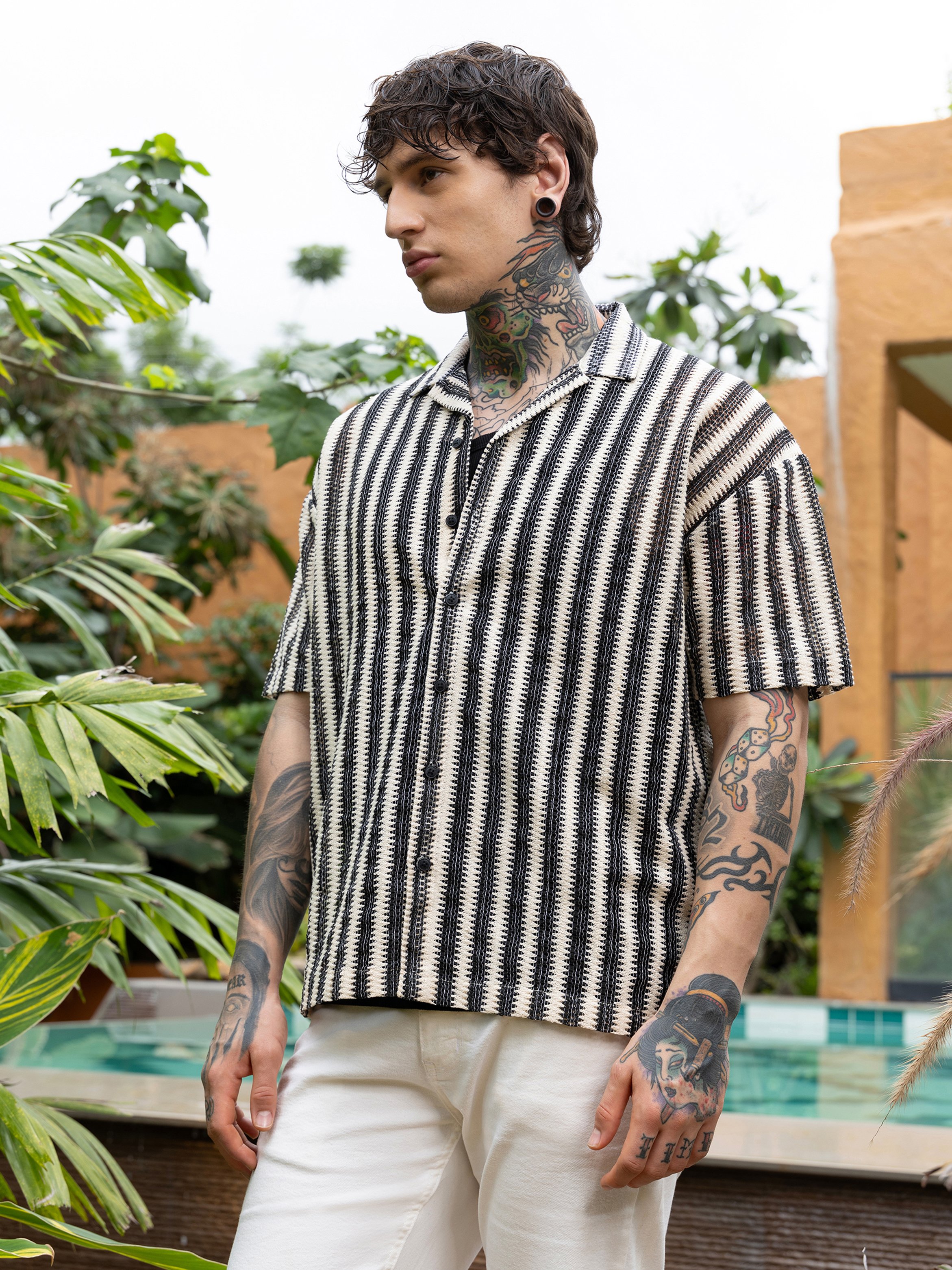 Men Striped Crochet Oversized Shirt