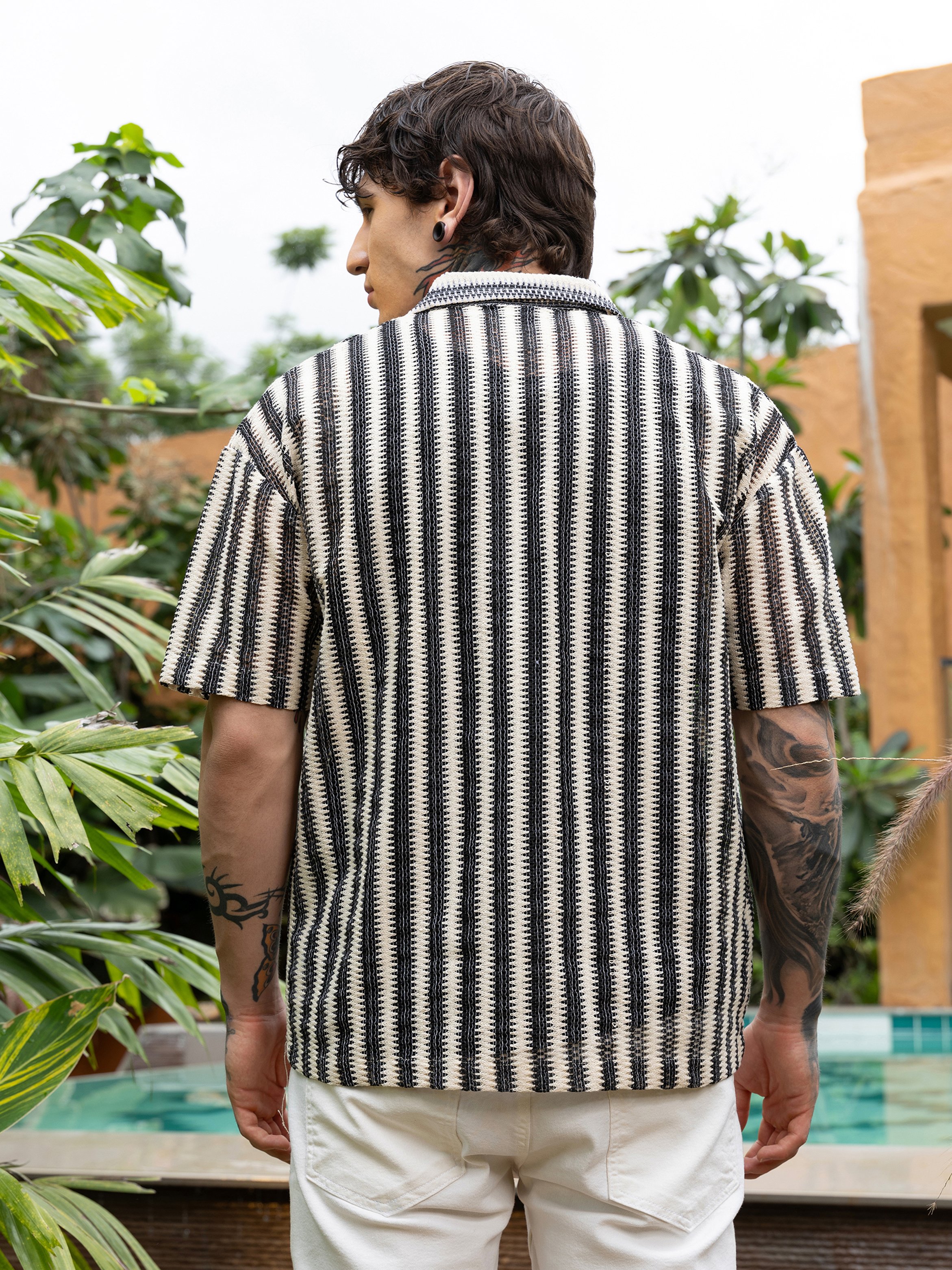 Men Striped Crochet Oversized Shirt