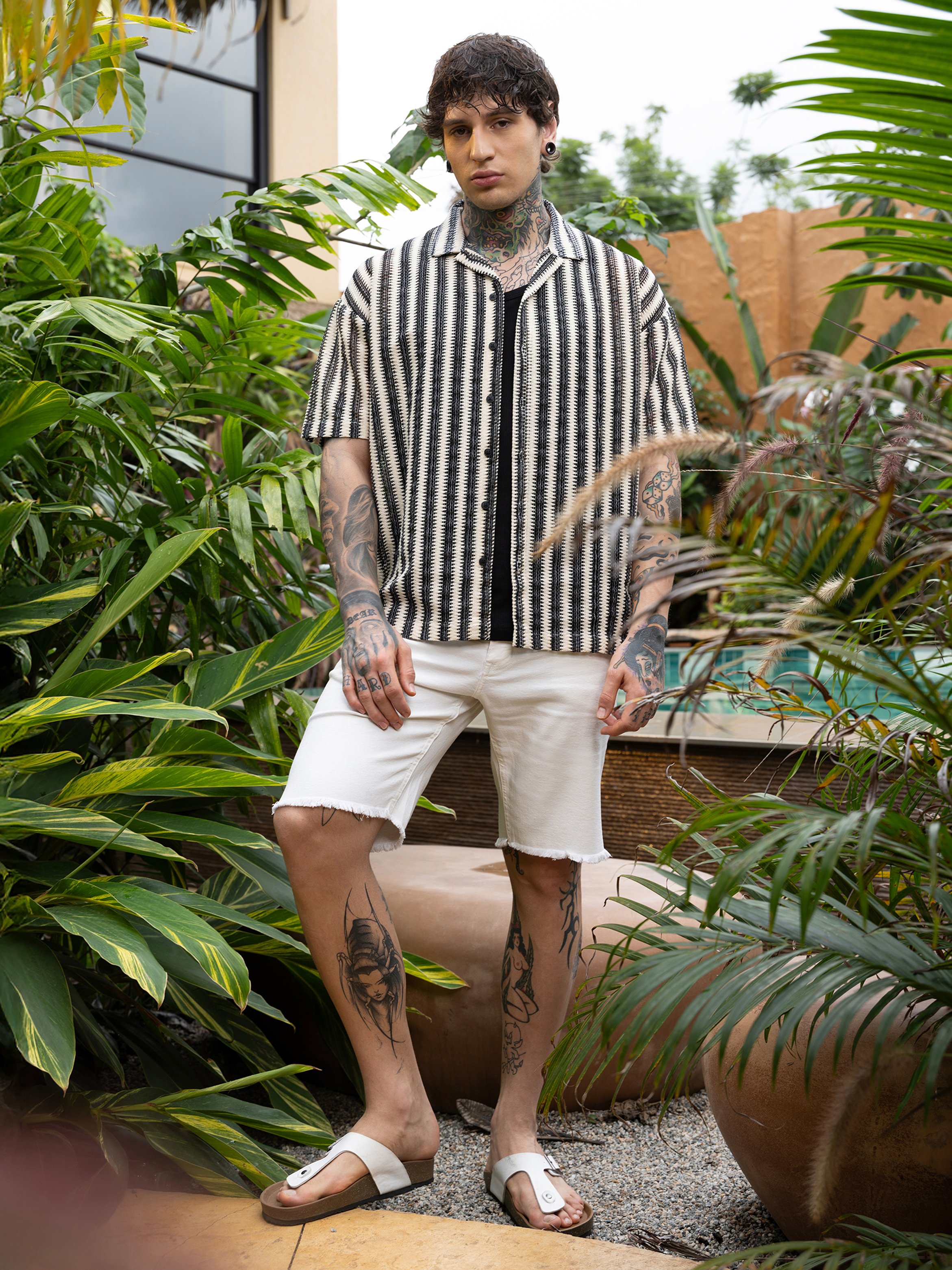 Men Striped Crochet Oversized Shirt