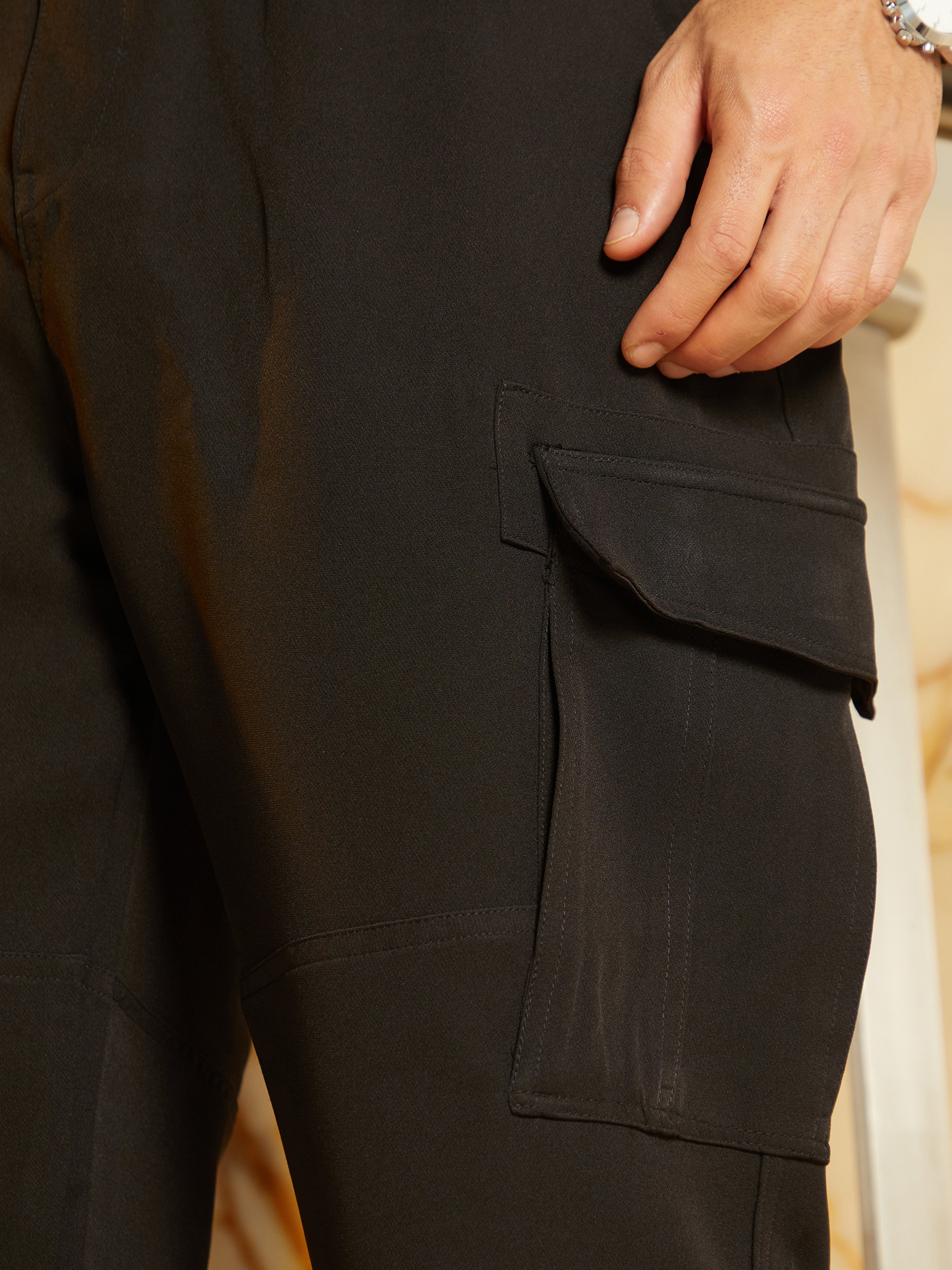 Men Midnight Black Straight-Fit Cargo Trousers
