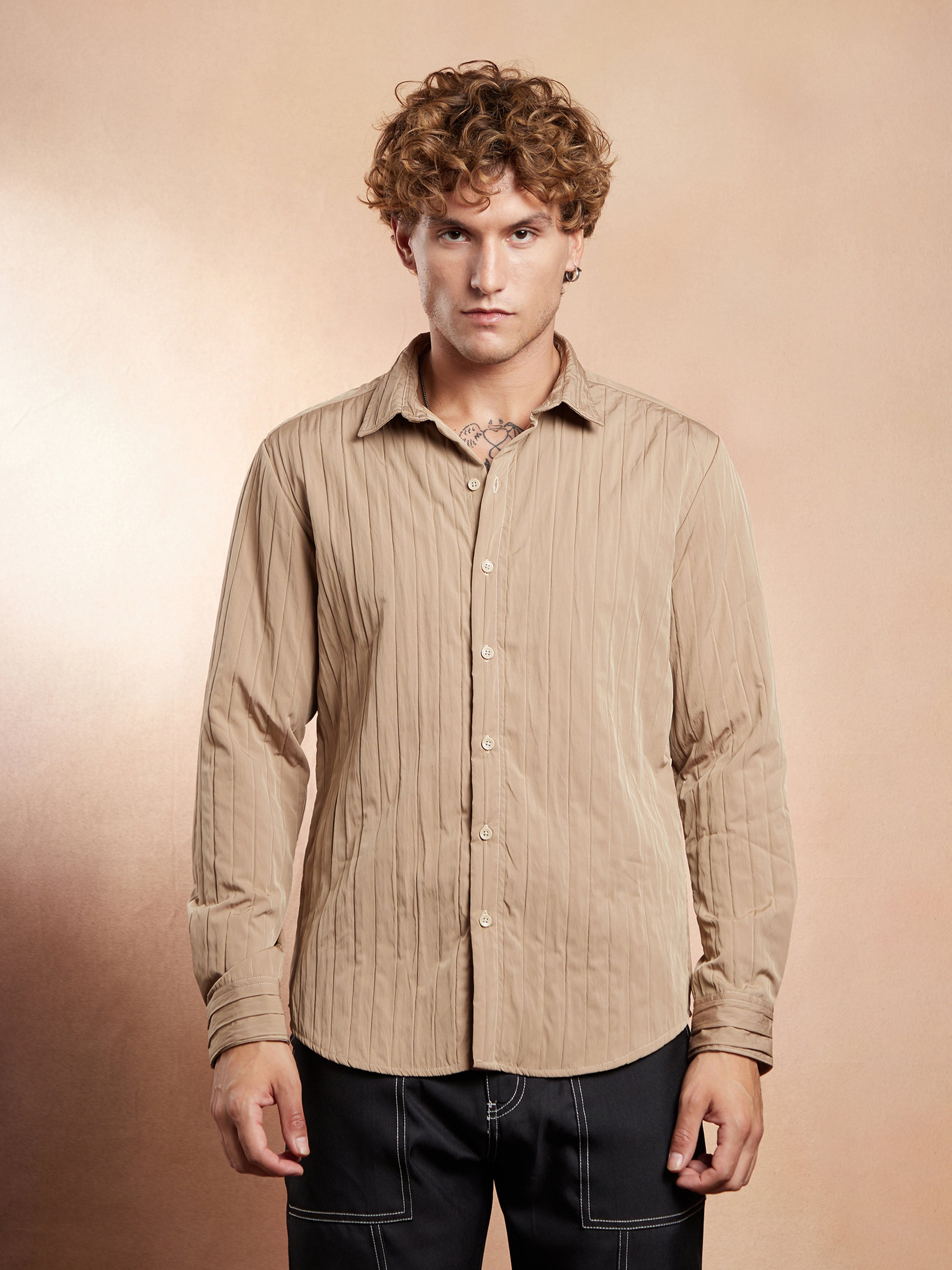 Men Beige Textured Regular Shirt