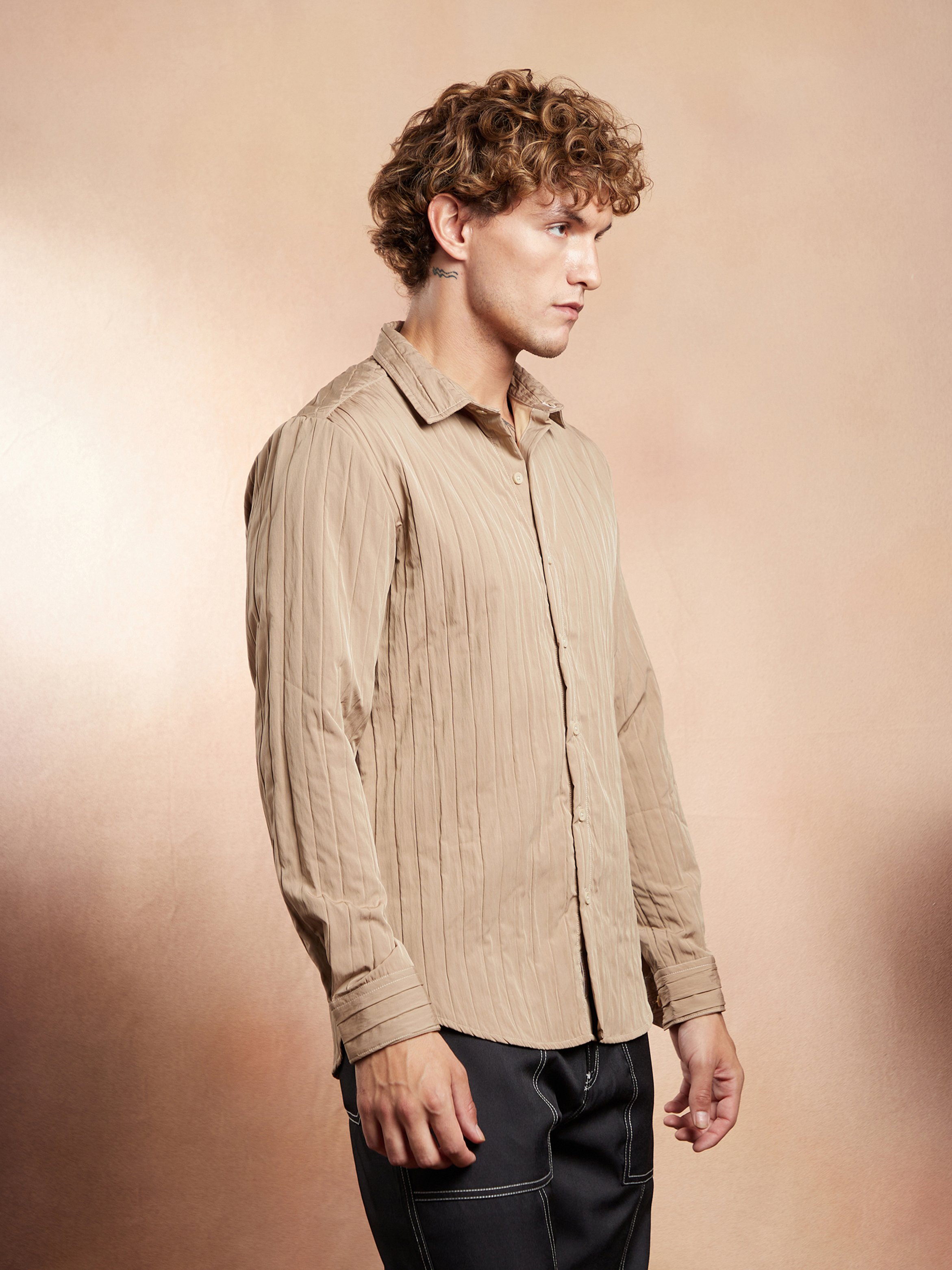 Men Beige Textured Regular Shirt
