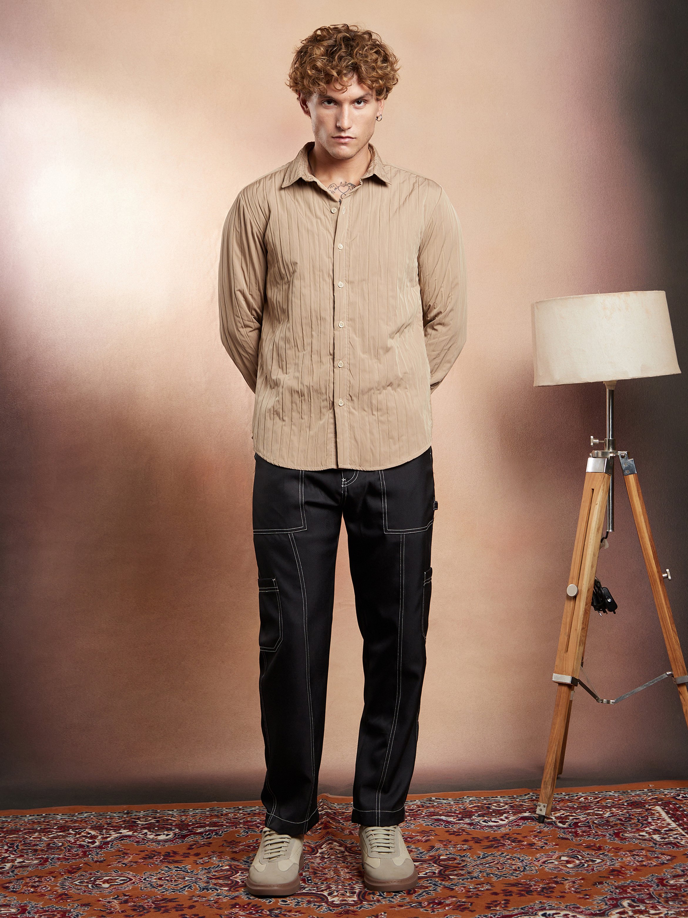 Men Beige Textured Regular Shirt