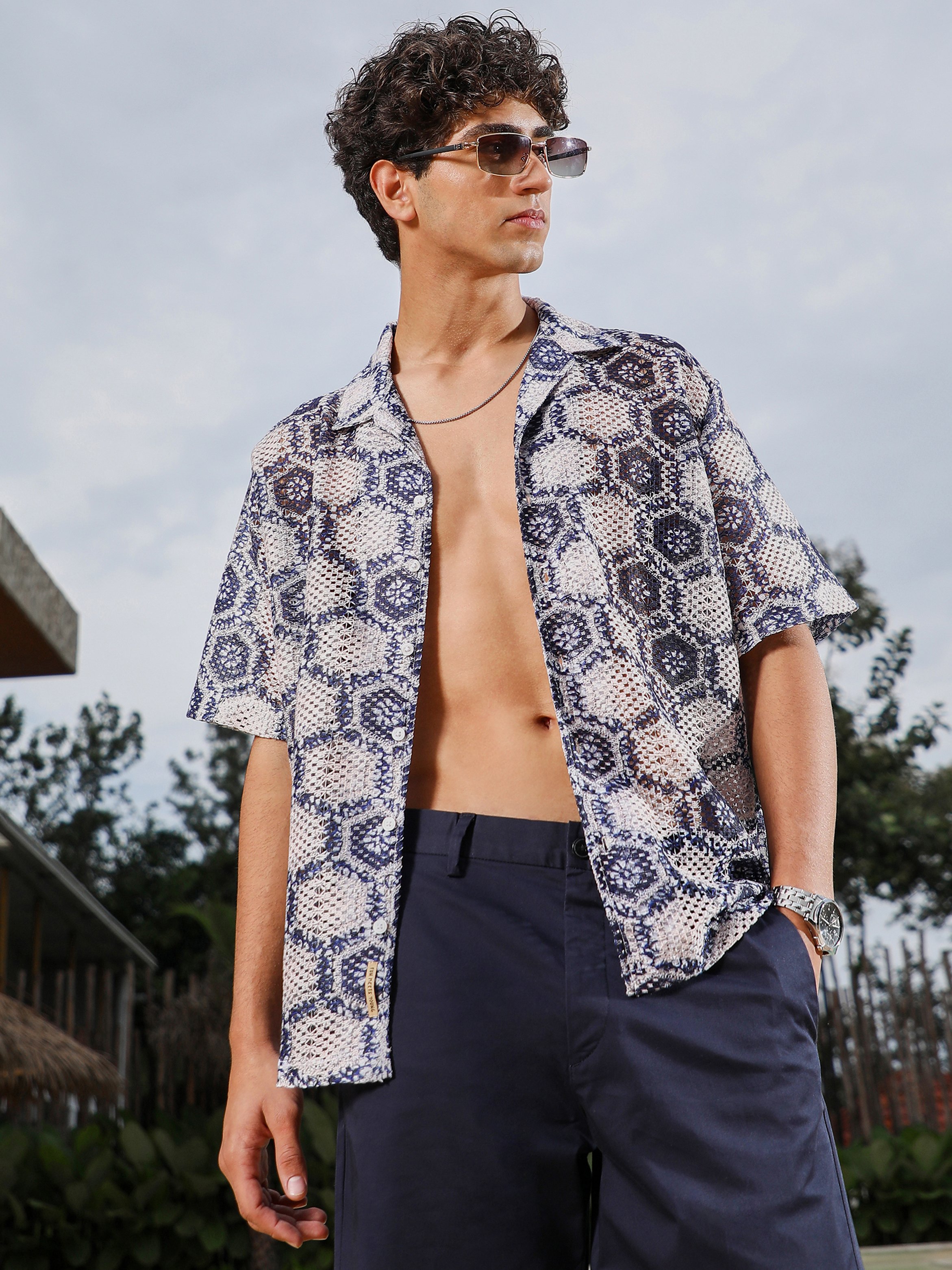 Men Navy Blue Textured Crochet Oversized Shirt