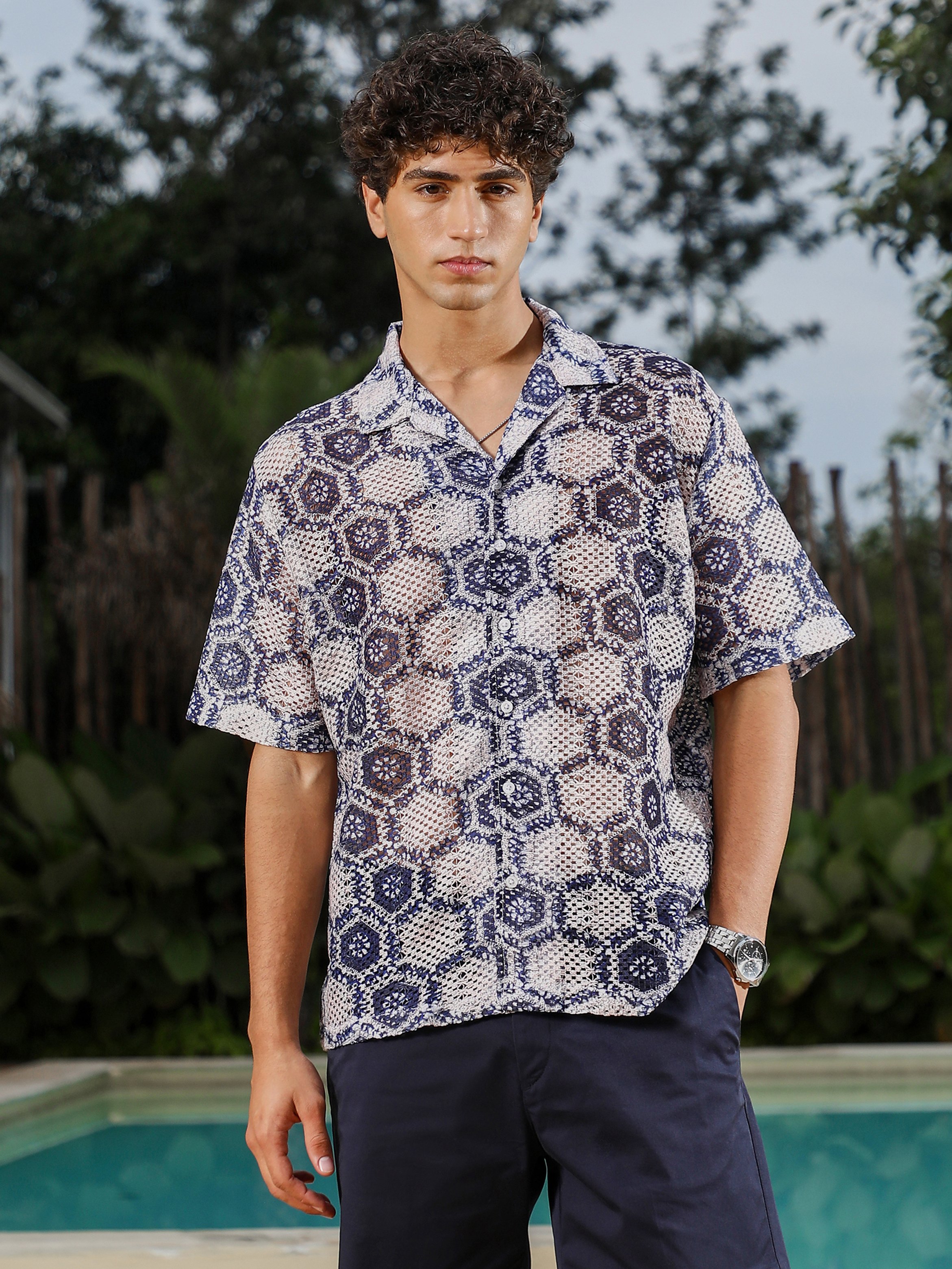 Men Navy Blue Textured Crochet Oversized Shirt
