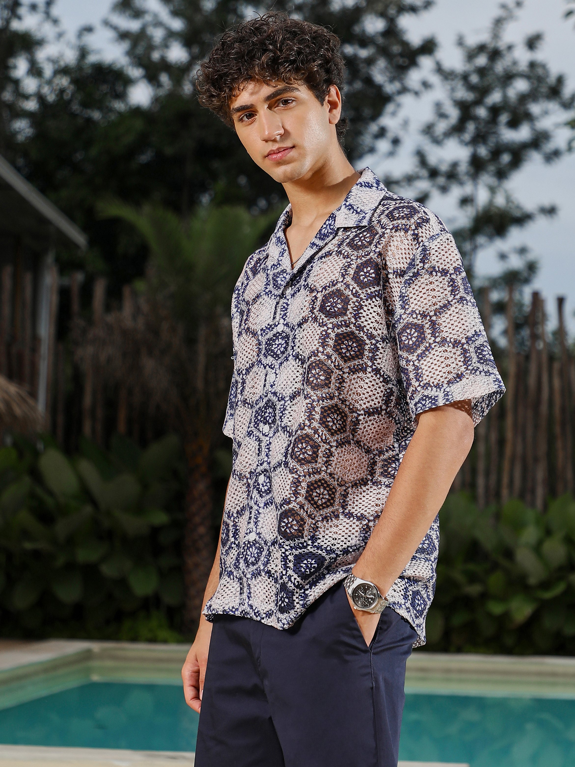 Men Navy Blue Textured Crochet Oversized Shirt