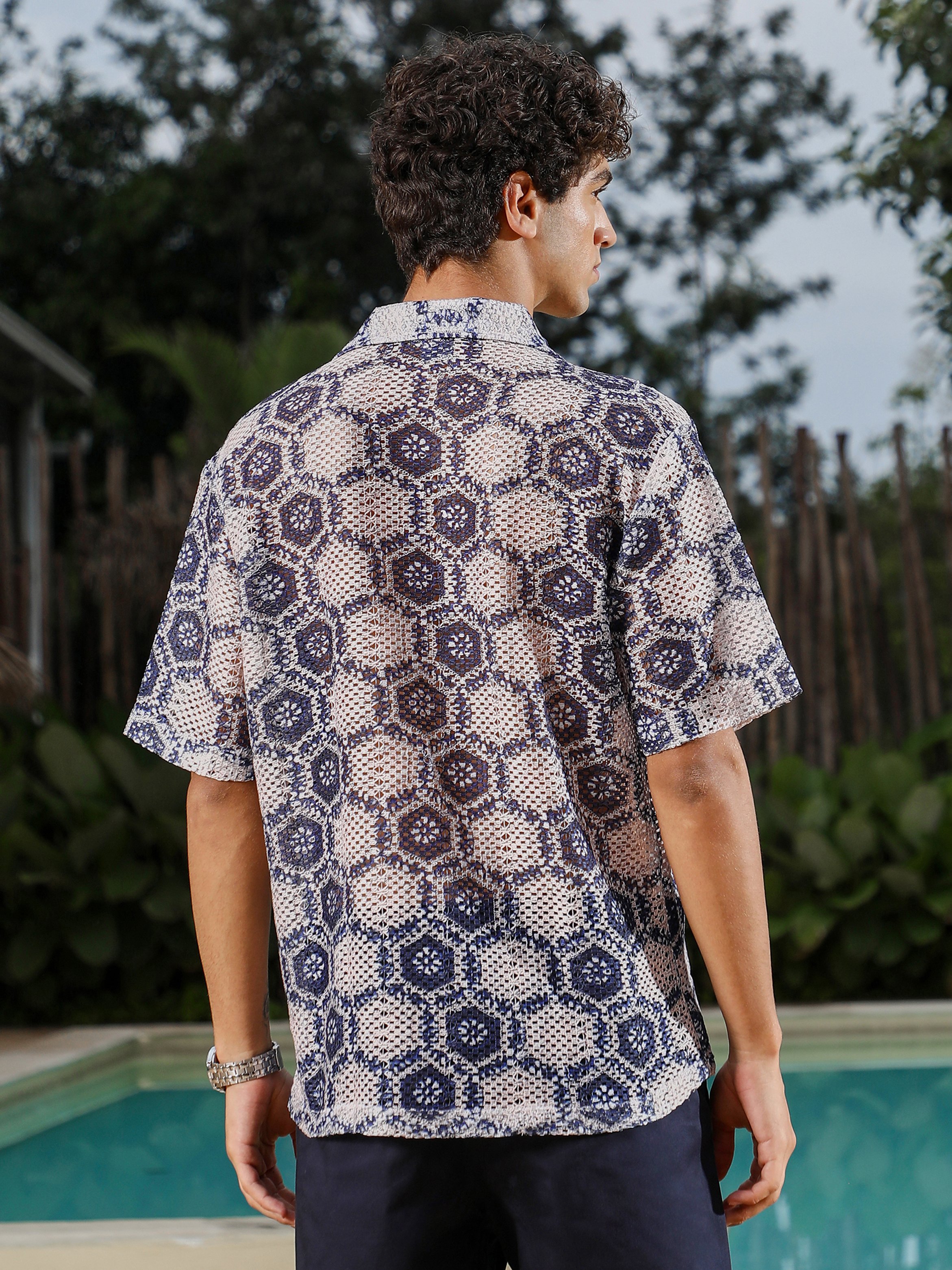Men Navy Blue Textured Crochet Oversized Shirt
