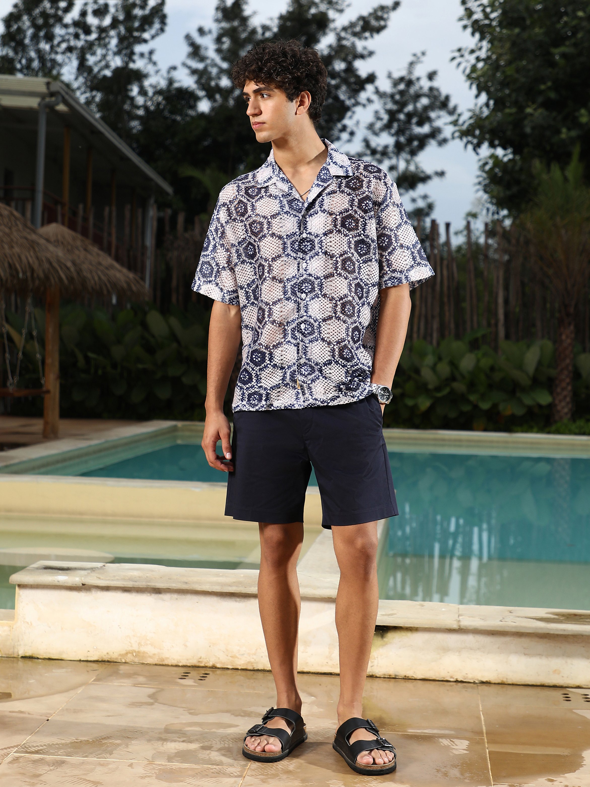 Men Navy Blue Textured Crochet Oversized Shirt