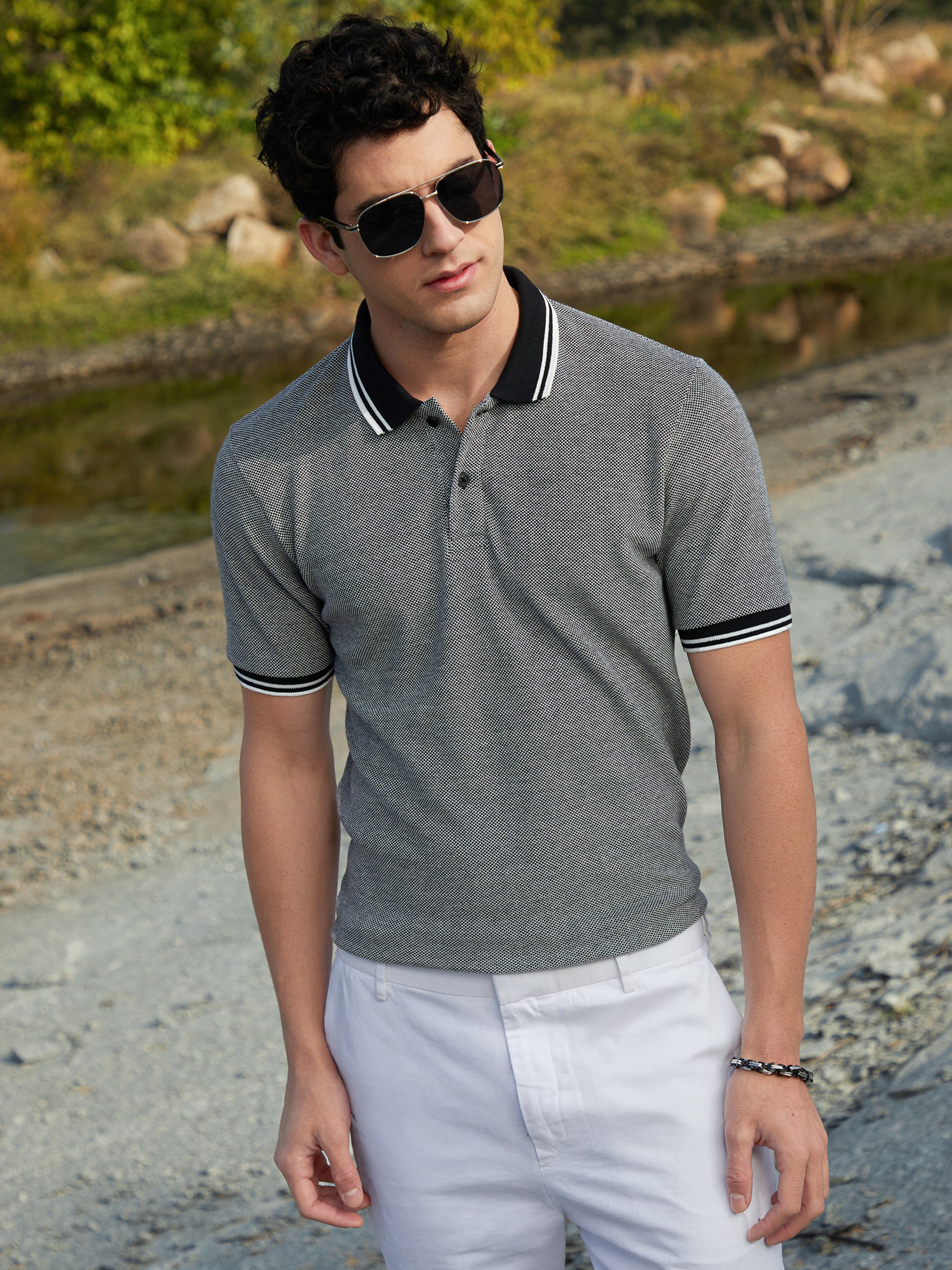 Men Textured Knit Polo T-Shirt