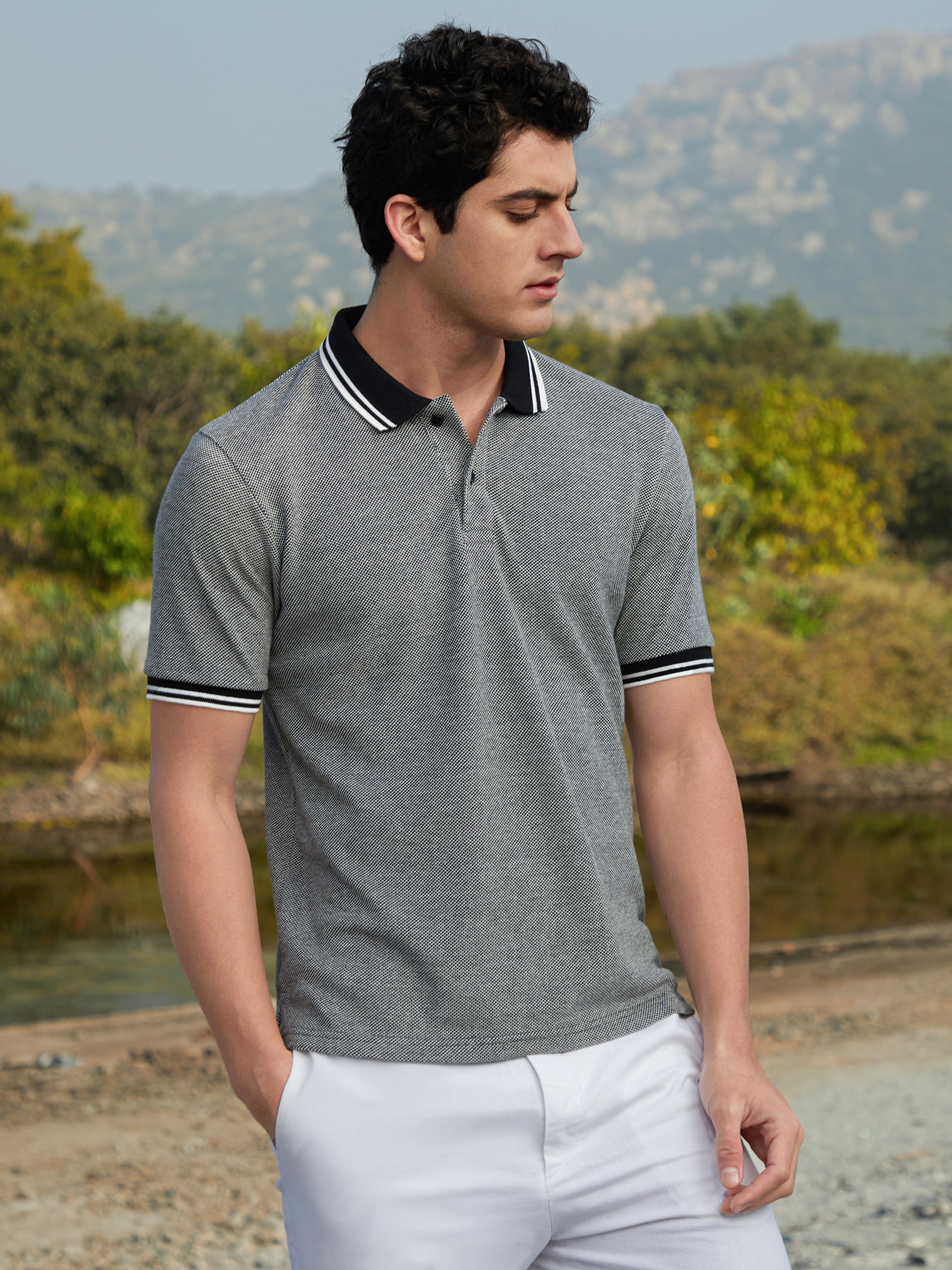 Men Textured Knit Polo T-Shirt