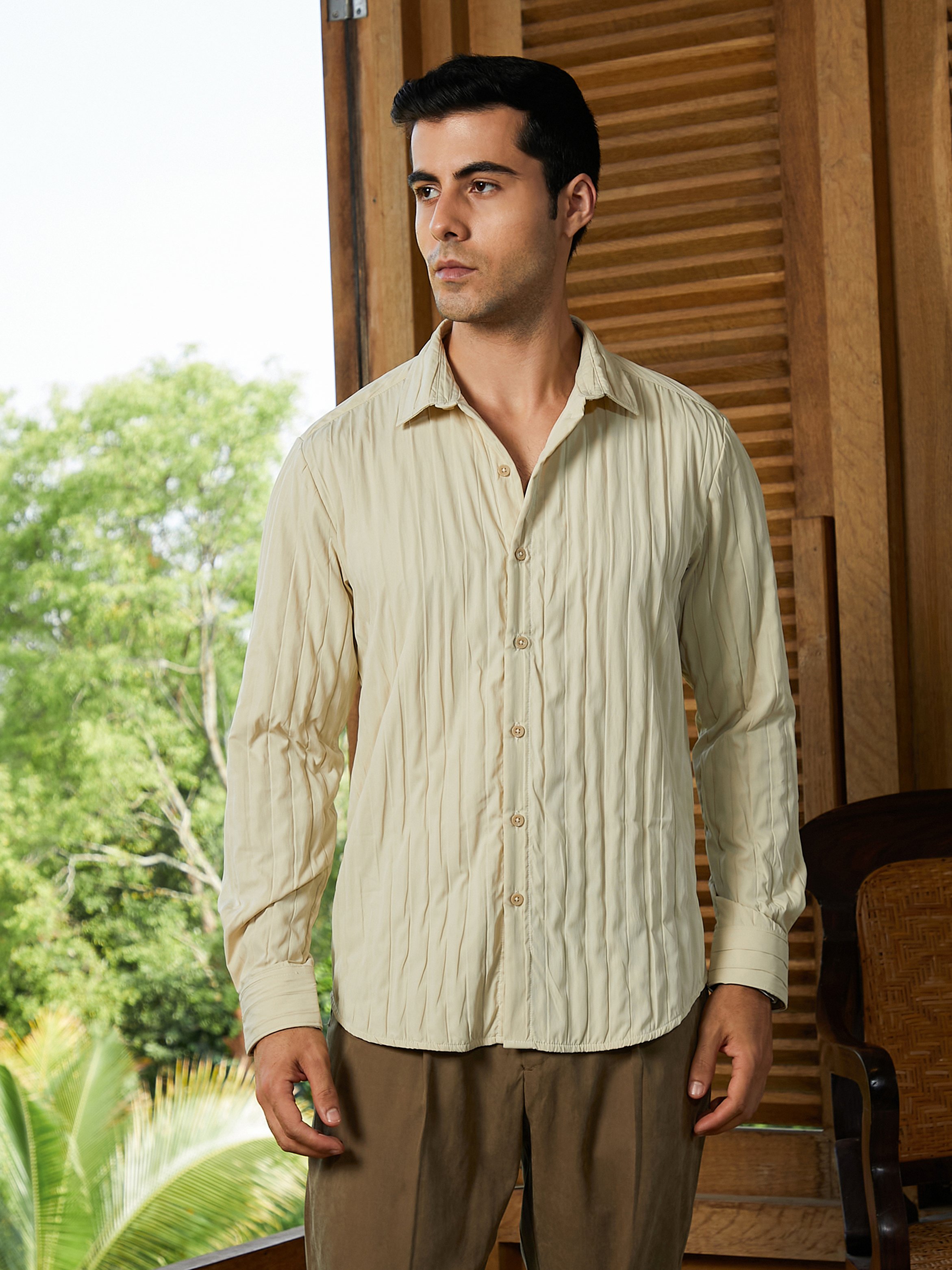 Men Cream Textured Regular Shirt