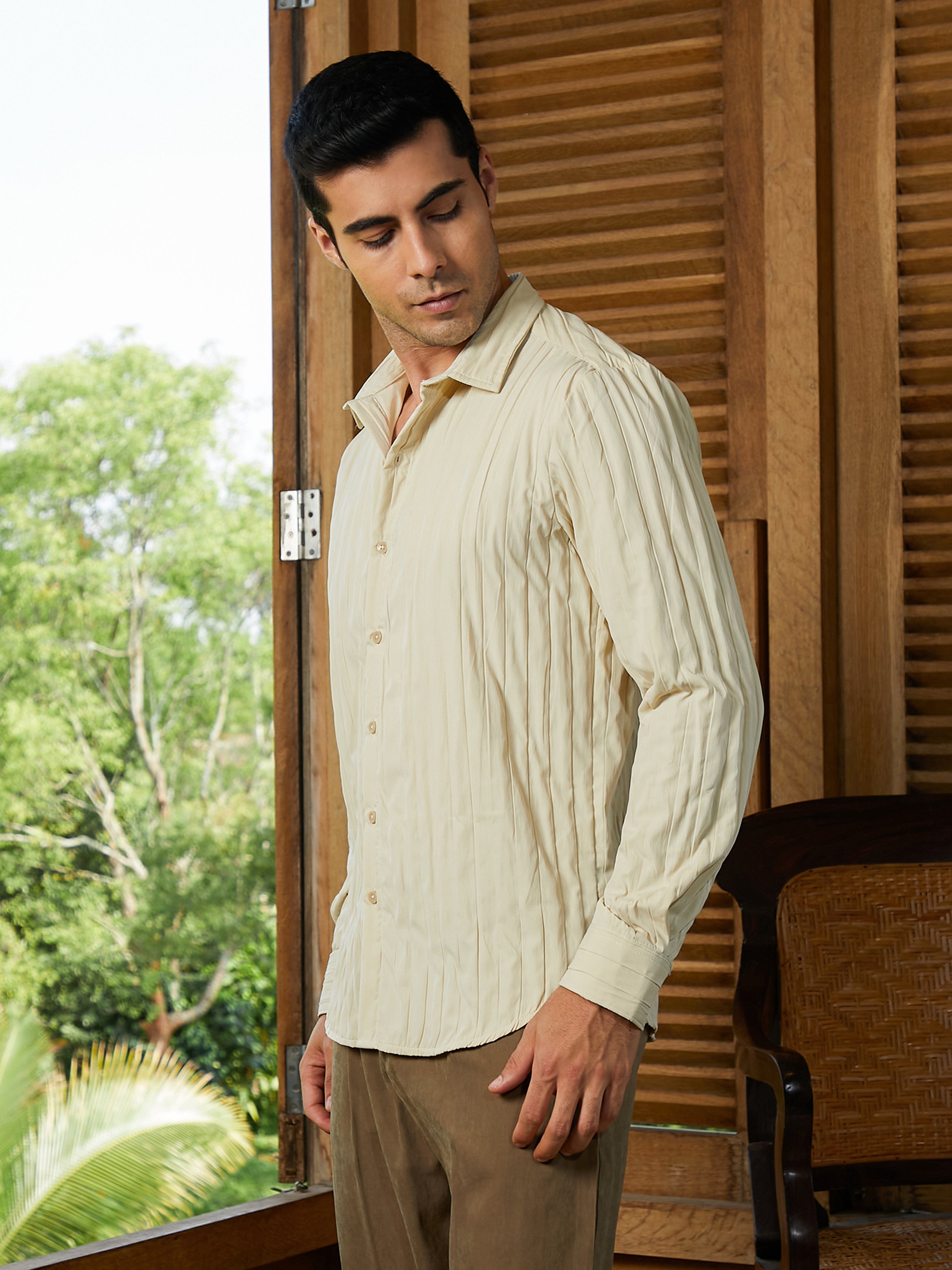 Men Cream Textured Regular Shirt