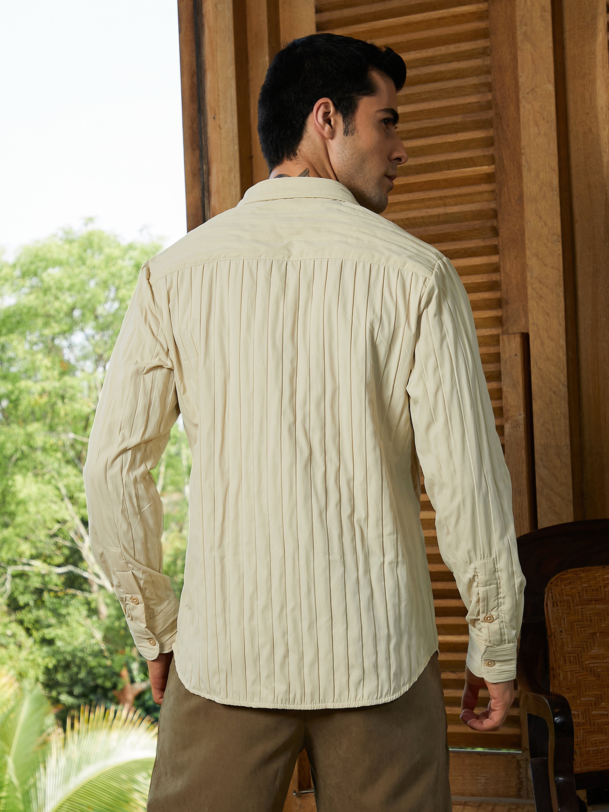 Men Cream Textured Regular Shirt