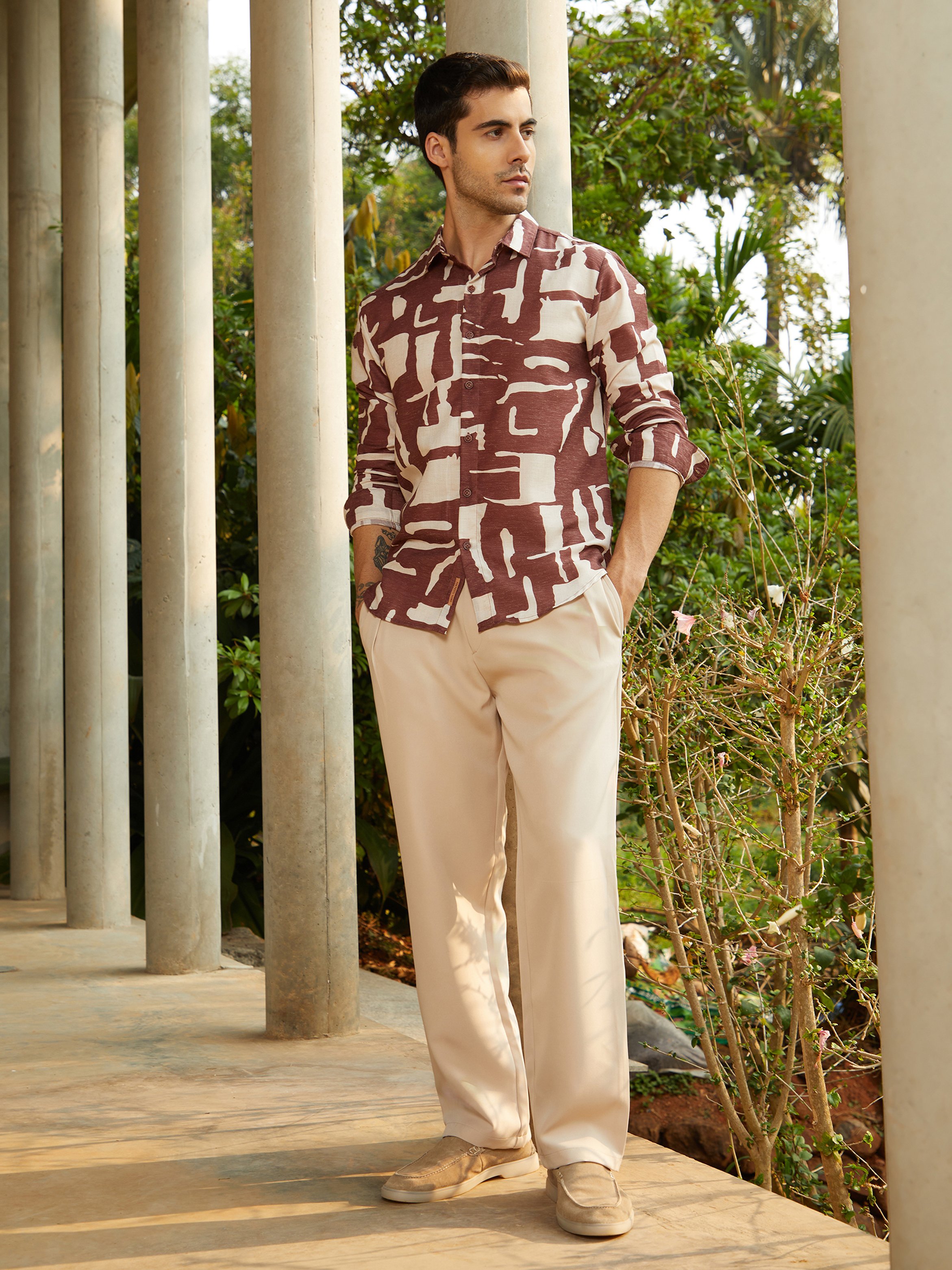 Men Saltbox Beige Straight Pleat Trousers