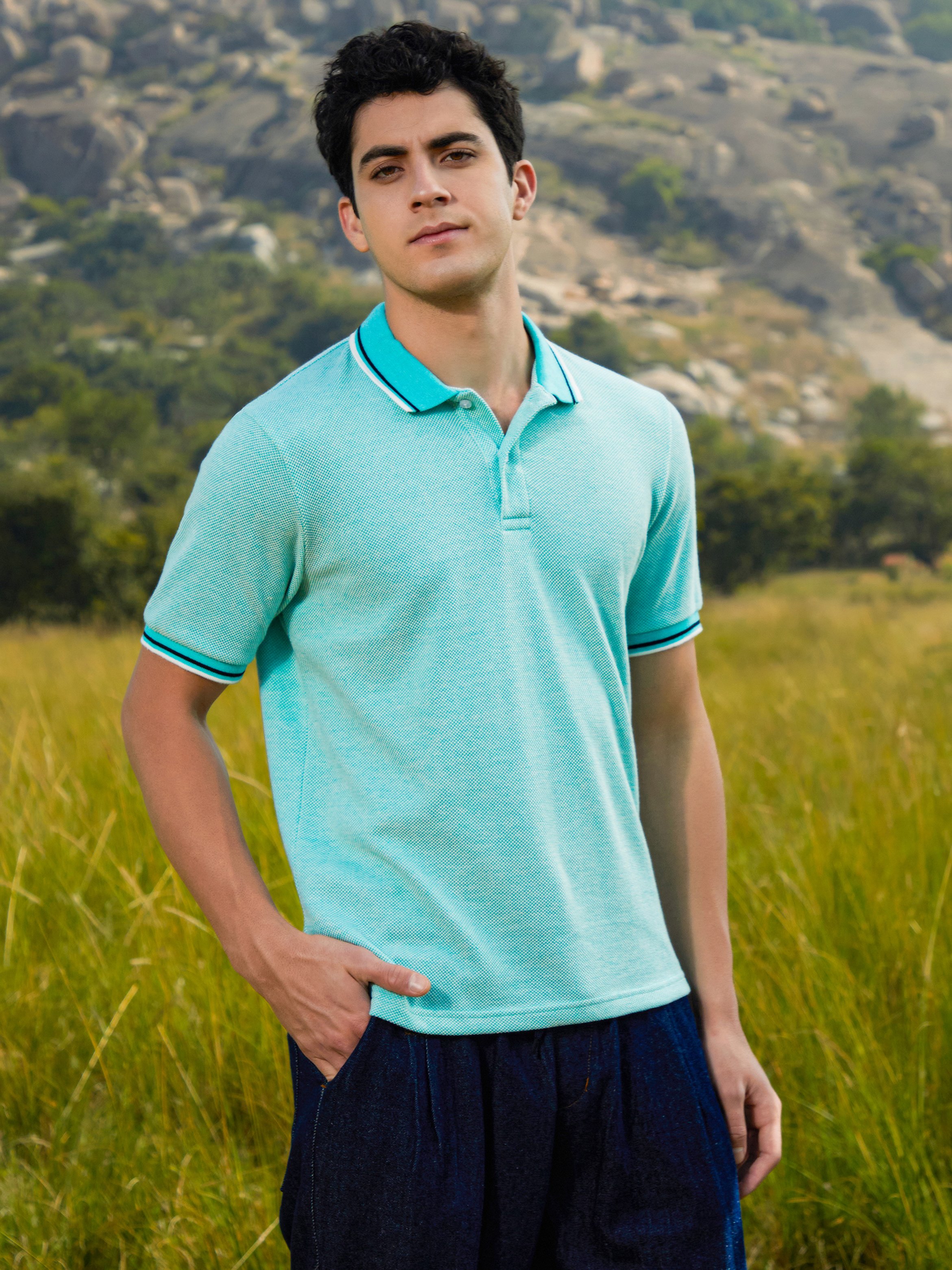 Men Blue Knit Polo T-Shirt